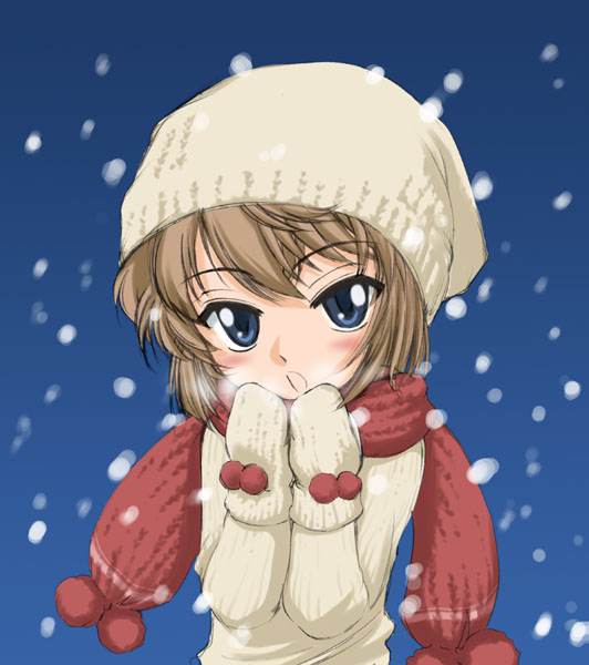 wan'yan aguda, haibara ai, meitantei conan, blue eyes, blush, breath, brown hair, cold, flat chest, gloves, hat, scarf, short hair, snow, solo