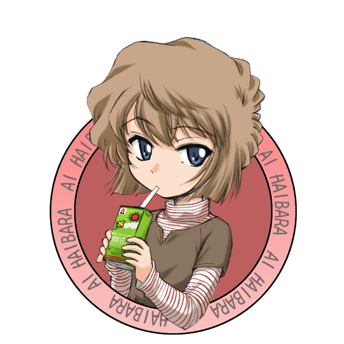 wan'yan aguda, haibara ai, meitantei conan, blue eyes, brown hair, drinking, flat chest, juice box, solo