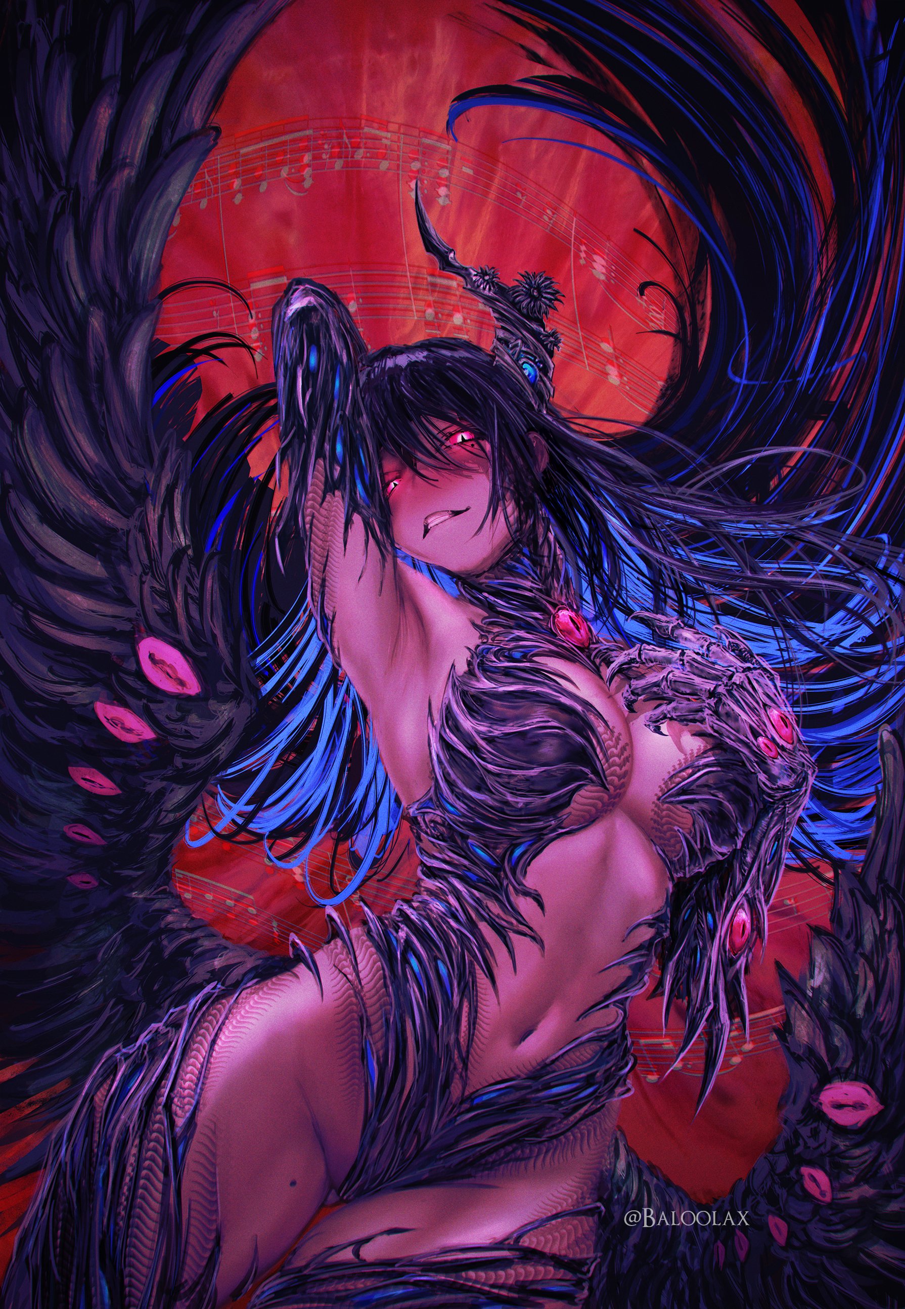 baloolax, nerissa ravencroft, hololive, hololive english, absurdres, commentary, english commentary, highres, 1girl, asymmetrical horns, black hair, black wings, blue hair, breasts, colored inner hair, demon horns, horns, large breasts, long hair, looking at viewer, mole, mole on thigh, mole under eye, multicolored hair, navel, red eyes, solo, two-tone hair, uneven horns, very long hair, virtual youtuber, wings