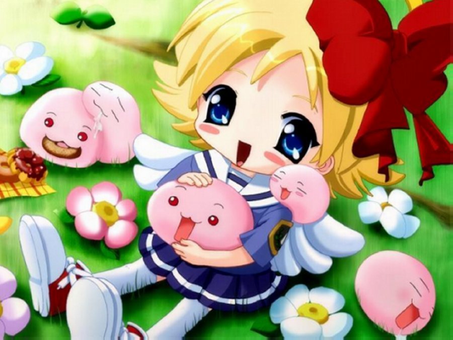 poring, ragnarok online, 1girl, blonde hair, blue eyes, bow, child, female focus, flower, food, happy, ribbon, saliva, shoes, skirt, socks, solo, sweets, wings
