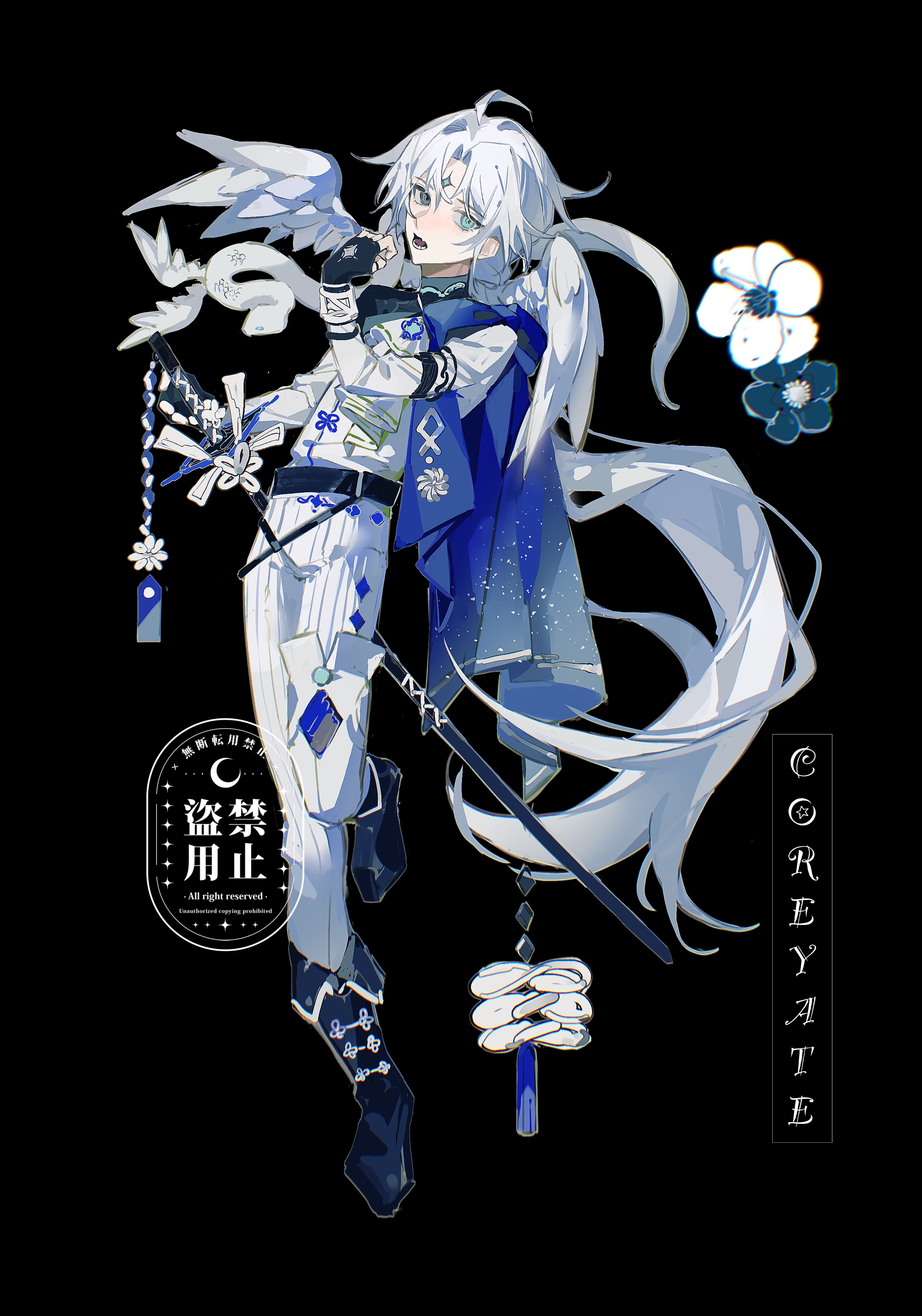 tengyuan bei ze, original, absurdres, chinese commentary, highres, 1boy, ahoge, aqua eyes, ascot, belt, black background, black belt, black boots, black gloves, blue cape, blue flower, boots, brooch, camellia, cape, curtained hair, fangs, feathered wings, fingerless gloves, flower, flower knot, fold-over boots, gaiters, gloves, grey eyes, hair wings, hand to own mouth, hand up, heterochromia, holding, holding sword, holding weapon, infinity symbol, jewelry, long hair, long sleeves, looking at viewer, male focus, open mouth, pankou, pants, parted bangs, sheath, sheathed, shide, shirt, side cape, sideways glance, simple background, sleeve cuffs, snake, solo, standing, standing on one leg, sword, tassel, thighhigh gaiters, thighhighs, very long hair, watermark, weapon, white ascot, white flower, white pants, white shirt, white snake, white wings, winged animal, wings