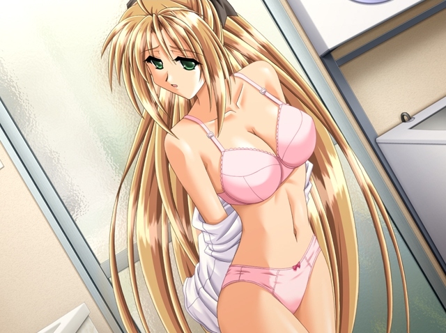 shimizu naotaka, hikawa nadeshiko, shisho-san to issho, game cg, non-web source, 1girl, bathroom, blonde hair, bra, female focus, green eyes, lingerie, long hair, panties, solo, underwear, underwear only, undressing
