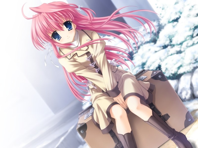 mitha, fukamine riko, gift (game), game cg, non-web source, 00s, 1girl, blue eyes, boots, dutch angle, female focus, long hair, pink hair, snow, solo, suitcase, winter clothes