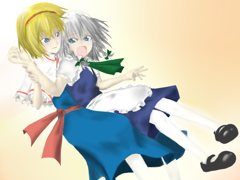 sen'yuu yuuji, alice margatroid, izayoi sakuya, touhou, 2girls, angry, blonde hair, blue eyes, female focus, hairband, maid, multiple girls, pantyhose, ribbon, short hair