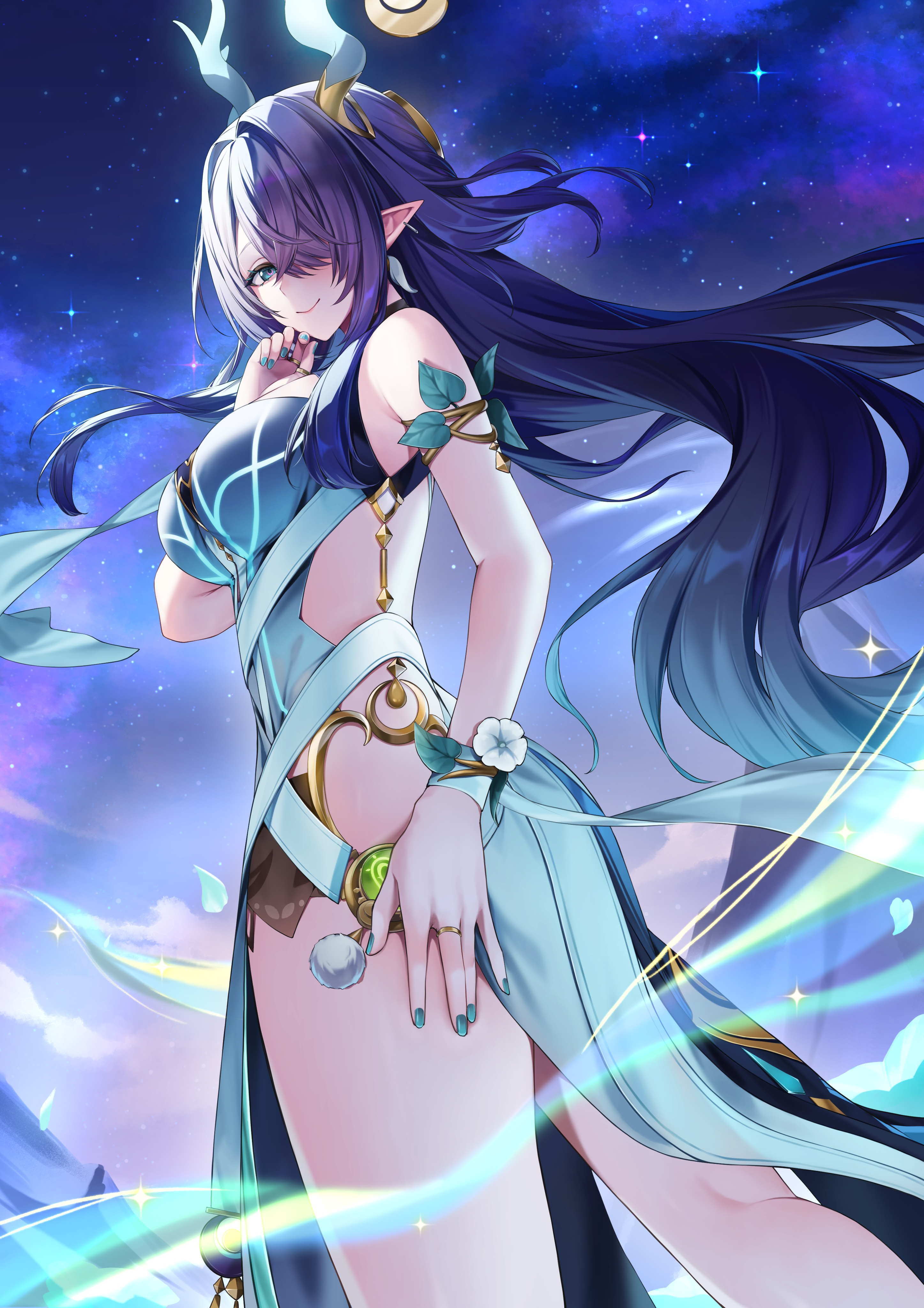 punipunimeron1, lauma (genshin impact), genshin impact, absurdres, highres, 1girl, bare shoulders, blue eyes, breasts, closed mouth, dress, hair over one eye, horns, jewelry, large breasts, long hair, looking at viewer, pointy ears, purple hair, solo, very long hair