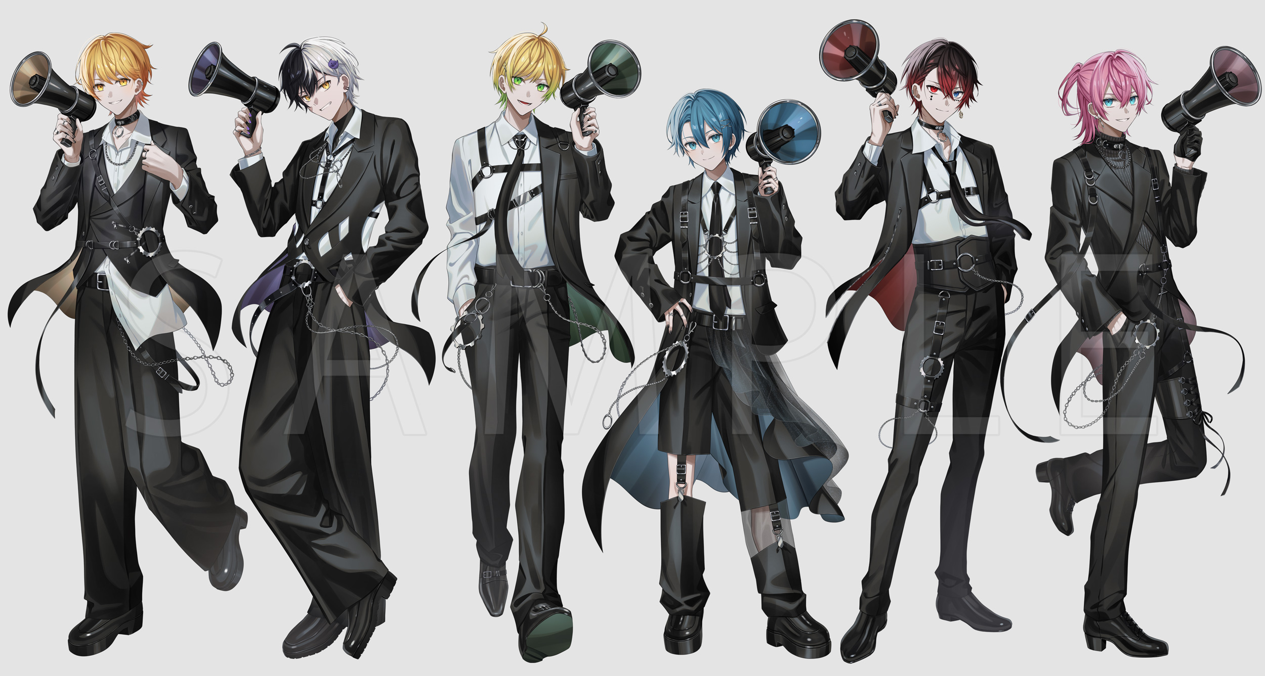 azuma hatori, akkiy (amptakxcolors), atto (amptakxcolors), ketcha (amptakxcolors), mazeta (amptakxcolors), pretz (amptakxcolors), tigusakun (amptakxcolors), amptakxcolors, highres, official art, 6+boys, :d, adjusting clothes, ahoge, aqua eyes, arm out of sleeve, baggy pants, bandaid, bandaid on cheek, bandaid on face, belt, belt buckle, black belt, black choker, black coat, black gloves, black hair, black jacket, black necktie, black pants, black shirt, black shoes, black vest, blonde hair, blue eyes, blue hair, buckle, buriki no dance (vocaloid), chain, chain necklace, chest harness, choker, closed mouth, clothing cutout, coat, collar chain (jewelry), collared shirt, colored tips, cummerbund, detached pants, dress pants, dress shoes, ear piercing, earclip, earrings, gloves, gradient hair, green eyes, green hair, grin, hair behind ear, hair between eyes, hair ornament, hairclip, half gloves, half updo, hand in pocket, hand on own hip, hand up, harness, heterochromia, holding, holding megaphone, jacket, jewelry, lapels, lineup, long sleeves, looking at viewer, male focus, medium hair, megaphone, monk shoes, multicolored hair, multiple boys, nail polish, necklace, necktie, notched lapels, o-ring, o-ring choker, o-ring harness, o-ring thigh strap, open clothes, open coat, open collar, open jacket, open mouth, oxfords, pants, parted lips, peaked lapels, pendant choker, piercing, pink hair, platform shoes, purple nails, red eyes, red hair, sample watermark, shirt, shirt partially tucked in, shirt tucked in, shoe soles, shoes, short hair, side cutout, side part, sideways glance, simple background, single earring, smile, split-color hair, standing, standing on one leg, thigh strap, turtleneck, turtleneck shirt, two-sided coat, two-sided fabric, two-sided jacket, two-tone hair, undershirt, utaite, v-shaped eyebrows, vest, wallet chain, watermark, white background, white hair, white shirt, yellow eyes
