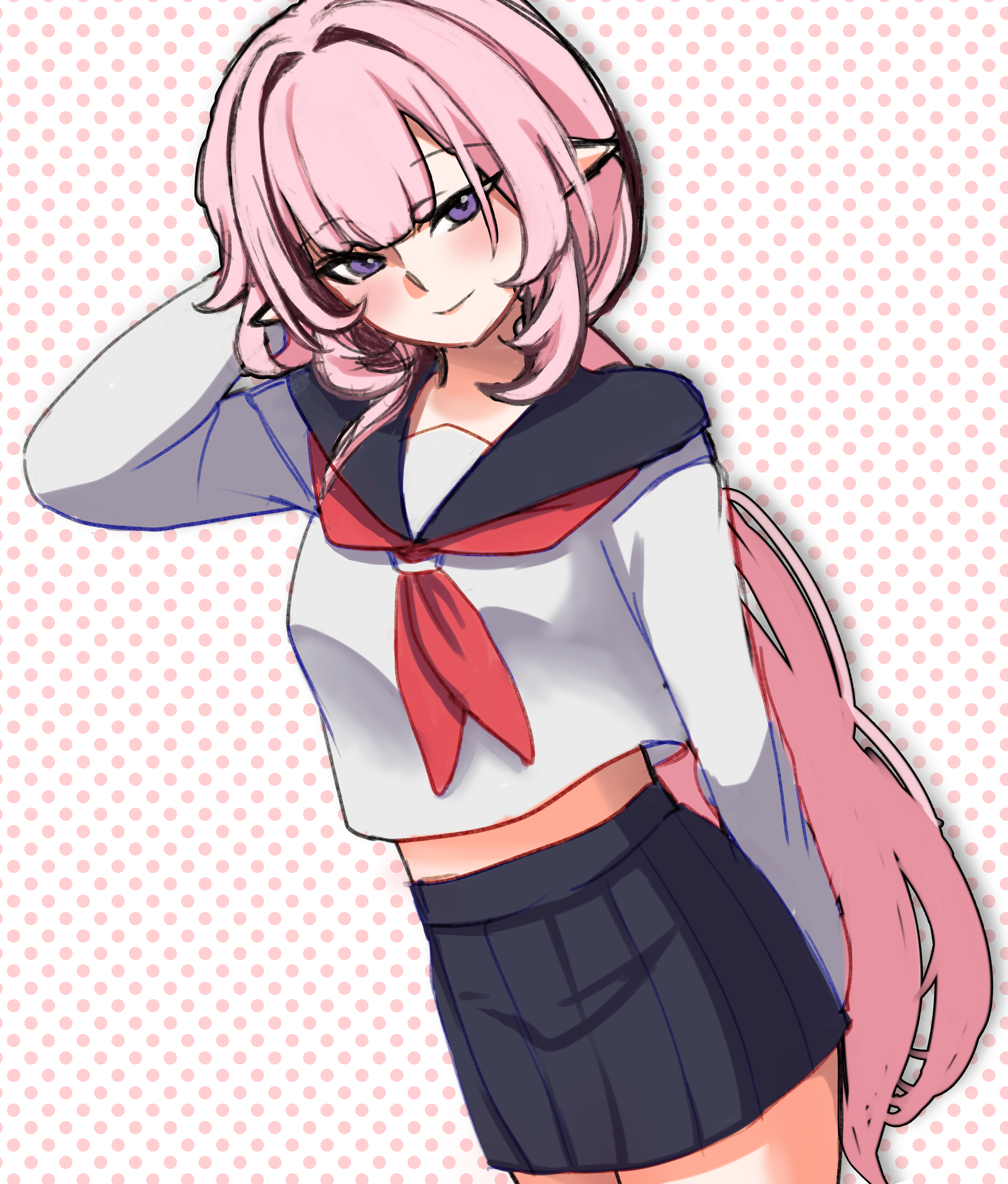 satoyukitowa, elysia (honkai impact), honkai (series), honkai impact 3rd, absurdres, commentary request, highres, 1girl, alternate costume, black sailor collar, black skirt, blue eyes, breasts, cowboy shot, elf, large breasts, long hair, pink hair, pleated skirt, pointy ears, polka dot, polka dot background, sailor collar, school uniform, serafuku, skirt, smile, solo, thighs, very long hair, white serafuku