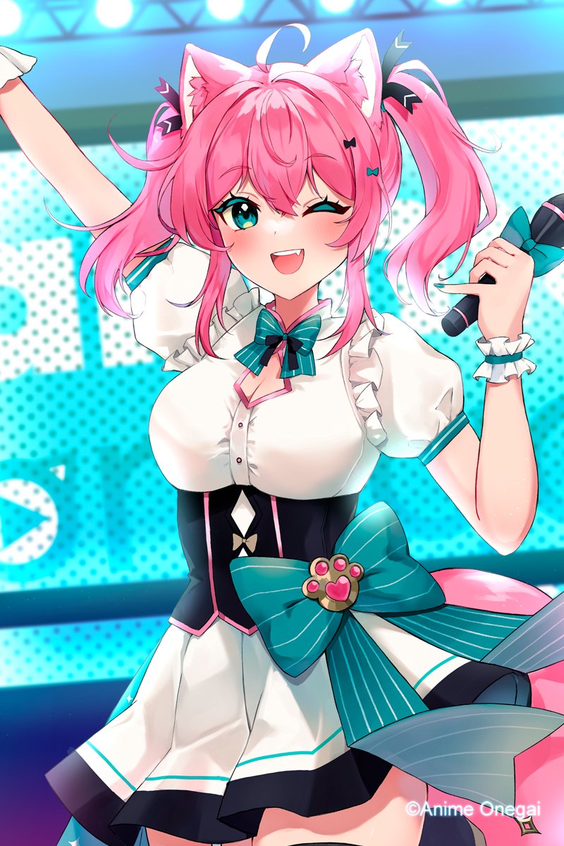 nina amaki, nyami g, anime onegai, commentary, english commentary, highres, 1girl, :d, ahoge, alternate costume, animal ear fluff, animal ears, aqua bow, aqua bowtie, aqua eyes, aqua nails, arm up, black corset, blush, bow, bowtie, breasts, cat ears, cat tail, cleavage, copyright name, copyright notice, corset, cowboy shot, fang, frilled shirt, frilled wristband, frills, hair between eyes, hair ribbon, hand up, holding, holding microphone, idol clothes, large bow, logo, looking at viewer, microphone, one eye closed, open mouth, paw brooch, pink hair, pink tail, pleated skirt, puffy short sleeves, puffy sleeves, ribbon, shirt, short hair, short sleeves, skirt, smile, solo, stage, stage lights, tail, taut clothes, taut shirt, two side up, white shirt, white skirt