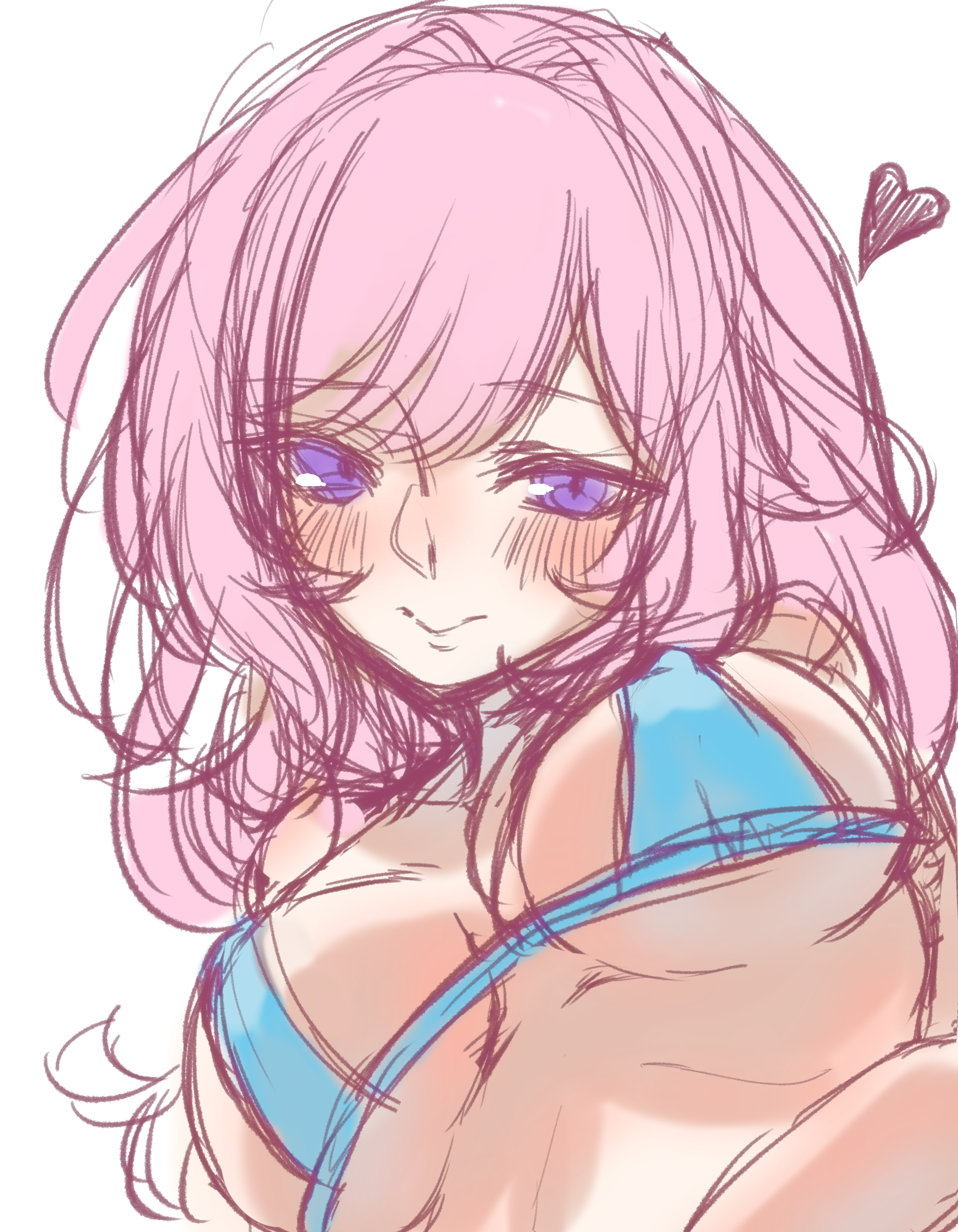 satoyukitowa, elysia (honkai impact), honkai (series), honkai impact 3rd, absurdres, commentary request, highres, 1girl, bikini, blue bikini, breasts, heart, large breasts, long hair, looking at viewer, pink hair, purple eyes, simple background, solo, stomach, swimsuit, very long hair, white background