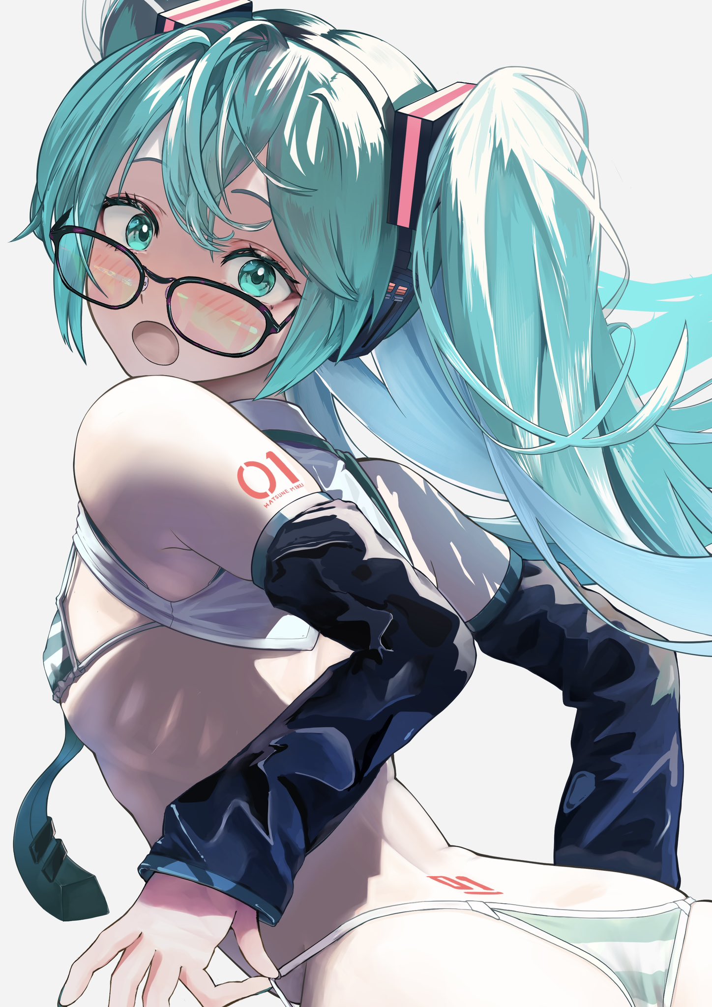 hxk4 n, hatsune miku, vocaloid, hashtag-only commentary, highres, 1girl, aqua eyes, aqua hair, aqua necktie, back tattoo, bespectacled, bikini, black sleeves, blush, braid, detached sleeves, flat chest, glasses, hug, long hair, looking at viewer, necktie, open mouth, page number, single braid, solo, string bikini, striped bikini, striped clothes, swimsuit, tattoo, twintails, white background