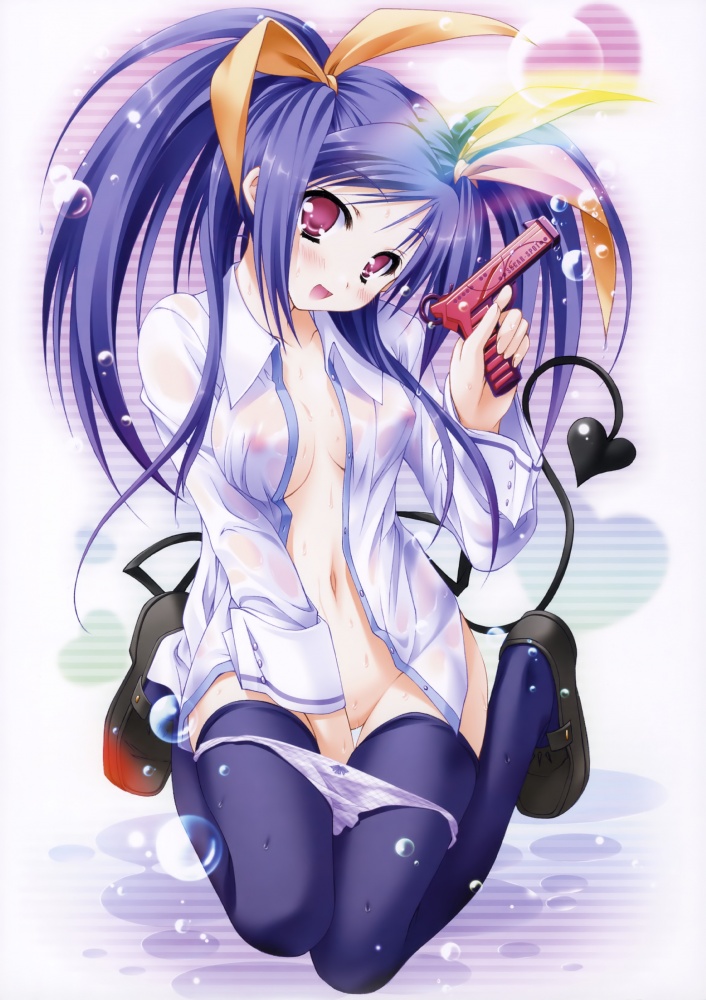 moekibara fumitake, kawai ameri, lump of sugar, tayutama, non-web source, 00s, 1girl, blue hair, blue thighhighs, blush, bow, bow panties, breasts, bubble, demon, demon tail, female focus, gun, hair ribbon, head tilt, kneeling, long hair, midriff, navel, nipples, no bra, open clothes, open mouth, open shirt, panties, panty pull, pink eyes, purple eyes, purple panties, ribbon, school uniform, see-through clothes, shirt, sitting, small breasts, smile, solo, tail, thighhighs, twintails, unbuttoned, underwear, water gun, weapon, wet, wet clothes