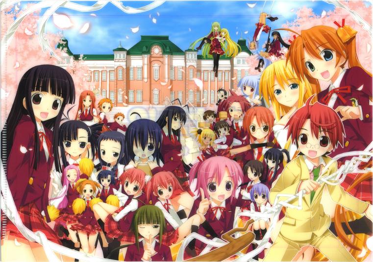 fujima takuya, aisaka sayo, akashi yuuna, asakura kazumi, ayase yue, chao lingshen, evangeline a.k. mcdowell, hakase satomi, hasegawa chisame, izumi ako, kagurazaka asuna, kakizaki misa, karakuri chachamaru, kasuga misora, konoe konoka, kufei, kugimiya madoka, miyazaki nodoka, murakami natsumi (negima), naba chizuru, nagase kaede, narutaki fumika, narutaki fuuka, negi springfield, ookouchi akira, sakurazaki setsuna, saotome haruna, sasaki makie, shiina sakurako, tatsumiya mana, yotsuba satsuki, yukihiro ayaka, zazie rainyday, mahou sensei negima!, trapeze, black legwear, silver hair, bad link, official art, 00s, 1boy, 2000s (style), 6+girls, absolutely everyone, ahoge, bell, black hair, black socks, blonde hair, blue eyes, blue hair, blunt bangs, blush, brown eyes, brown hair, bun cover, cherry blossoms, dark skin, double bun, everyone, facial mark, formal clothes, glasses, green eyes, green hair, grey hair, gun, hair bun, hair over one eye, hair ribbon, heterochromia, kicking, long hair, mahora academy middle school uniform, multiple girls, necktie, one eye closed, open mouth, orange hair, outdoors, petals, pink eyes, pink hair, pleated skirt, pom pom (cheerleading), purple eyes, purple hair, red eyes, red hair, ribbon, rifle, robot ears, school uniform, serafuku, short hair, short twintails, sidelocks, skirt, sky, smile, socks, staff, suit, tattoo, teardrop tattoo, thighhighs, twintails, vampire, weapon, wink