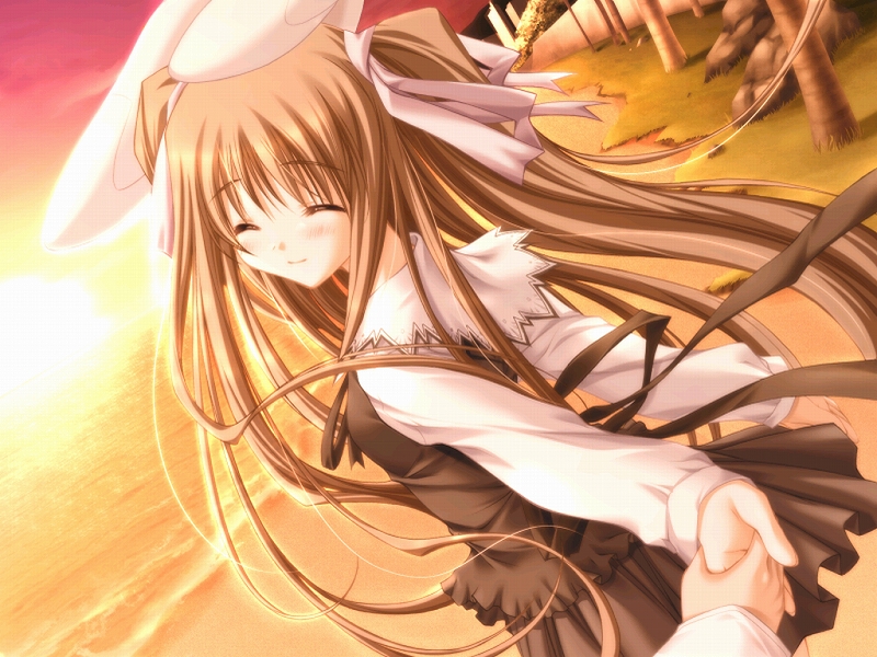 moekibara fumitake, piz, lump of sugar, purism egoist, non-web source, animal ears, beach, blush, brown hair, closed eyes, flat chest, long hair, red eyes, robot, smile, solo, sunset
