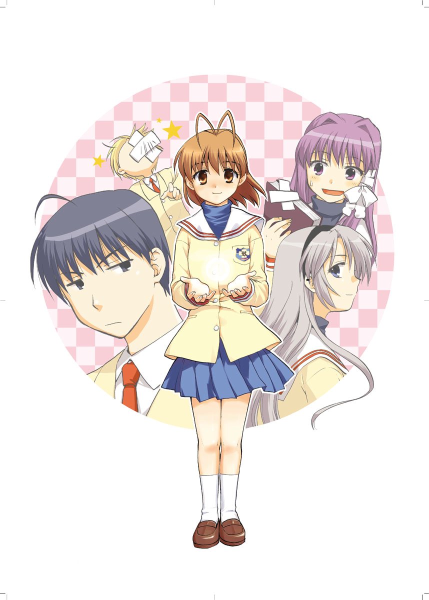 misaki juri, fujibayashi kyou, furukawa nagisa, okazaki tomoya, sakagami tomoyo, sunohara youhei, clannad, highres, 00s, 2boys, 3girls, book, multiple boys, multiple girls, school uniform