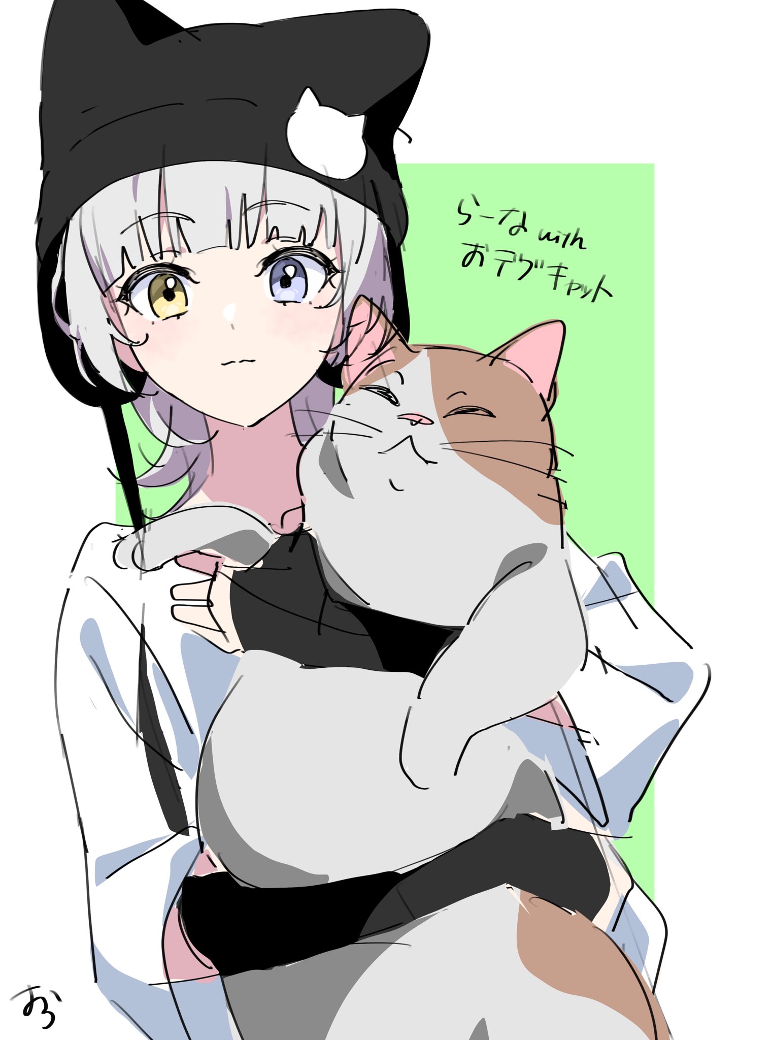 ora (oraora oekaki), kaname raana, bang dream!, bang dream! it's mygo!!!!!, commentary, highres, translation request, 1girl, animal, animal ear headwear, black arm warmers, black hat, blue eyes, cat, closed mouth, fake animal ears, hat, holding, holding animal, holding cat, looking at viewer, raana the cat, shirt, short hair, short sleeves, simple background, solo, upper body, white hair, white shirt, yellow eyes