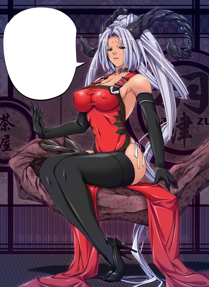 1girl, blank speech bubble, breasts, cleavage, covered erect nipples, demon girl, elbow gloves, fangs, female focus, gloves, high heels, horns, long hair, medium breasts, shoes, sitting, solo, speech bubble, thighhighs, white hair