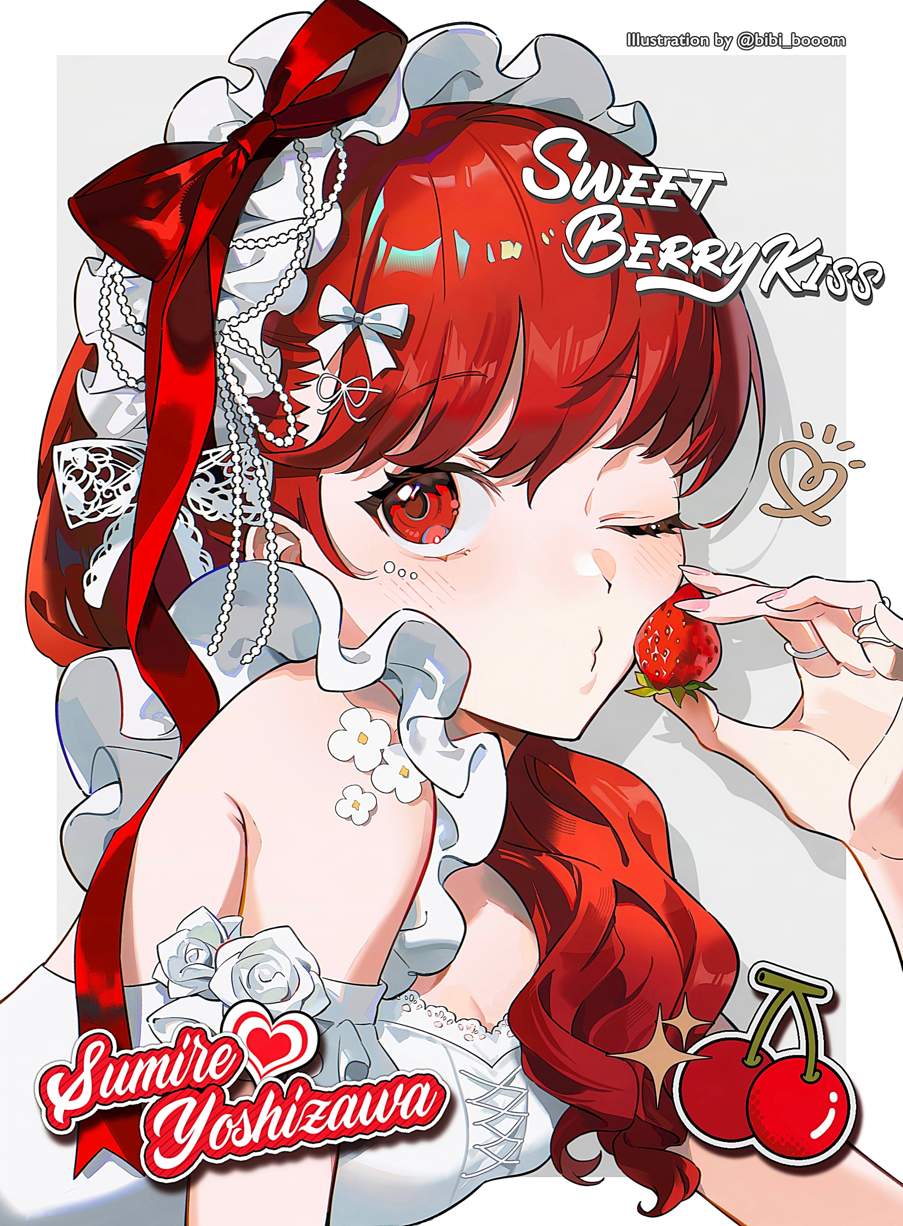 bibi booom, yoshizawa kasumi, persona, persona 5, persona 5 the royal, absurdres, commentary, english commentary, highres, 1girl, blush, border, bow, breasts, character name, cherry, cleavage, detached sleeves, dress, english text, flower, food, frilled hairband, frilled sleeves, frills, fruit, hairband, heart, holding, holding food, holding fruit, jewel under eye, jewelry, lace, lace-trimmed dress, lace trim, long hair, looking at viewer, medium breasts, o3o, one eye closed, outside border, ponytail, portrait, red eyes, red hair, red ribbon, ribbon, ring, solo, strawberry, swept bangs, twitter username, white border, white bow, white dress, white flower, white hairband