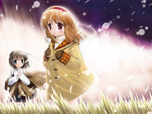 misaka shiori, tsukimiya ayu, kanon, lowres, 2girls, black hair, gloves, grass, green eyes, hairband, mittens, multiple girls, orange hair, red eyes, short hair