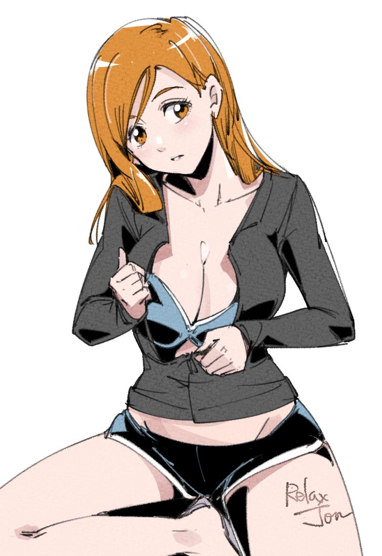 relaxjon, inoue orihime, bleach, 1girl, alternate eye color, artist name, bra, breasts, female focus, large breasts, long hair, orange eyes, orange hair, shorts, simple background, sitting, underwear, white background