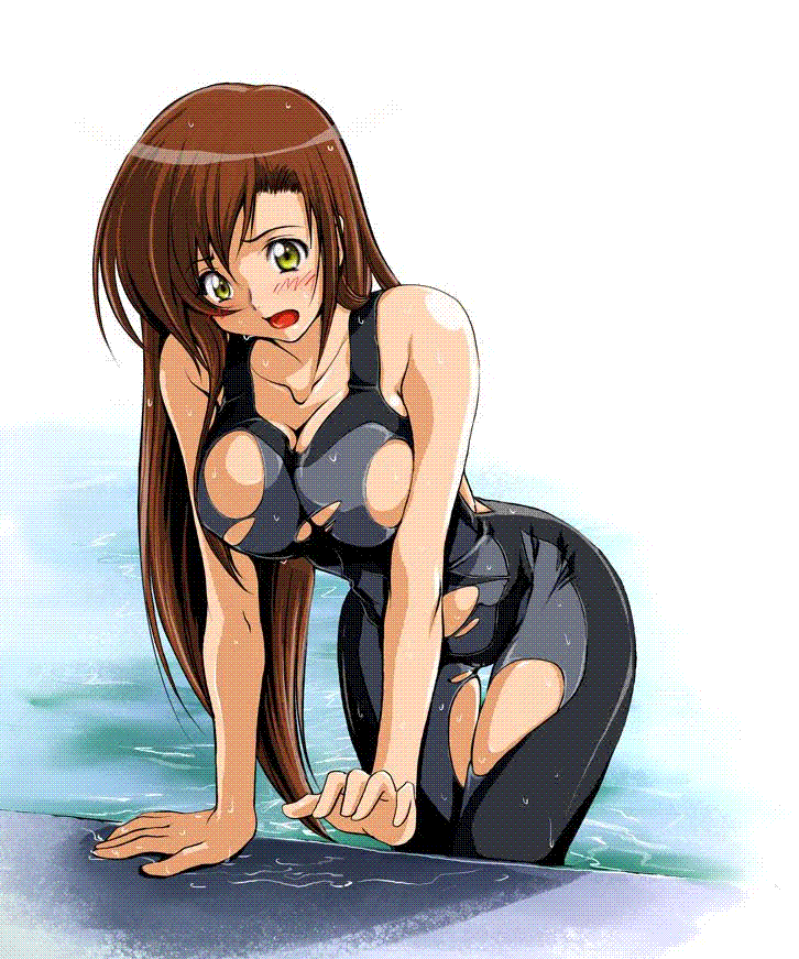 shirley fenette, code geass, 00s, 1girl, blush, bodysuit, brown hair, curvy, dissolving clothes, dithering, diving suit, female focus, long hair, open mouth, pool, poolside, solo, swimsuit, thigh gap, torn clothes, wet, wetsuit, yellow eyes