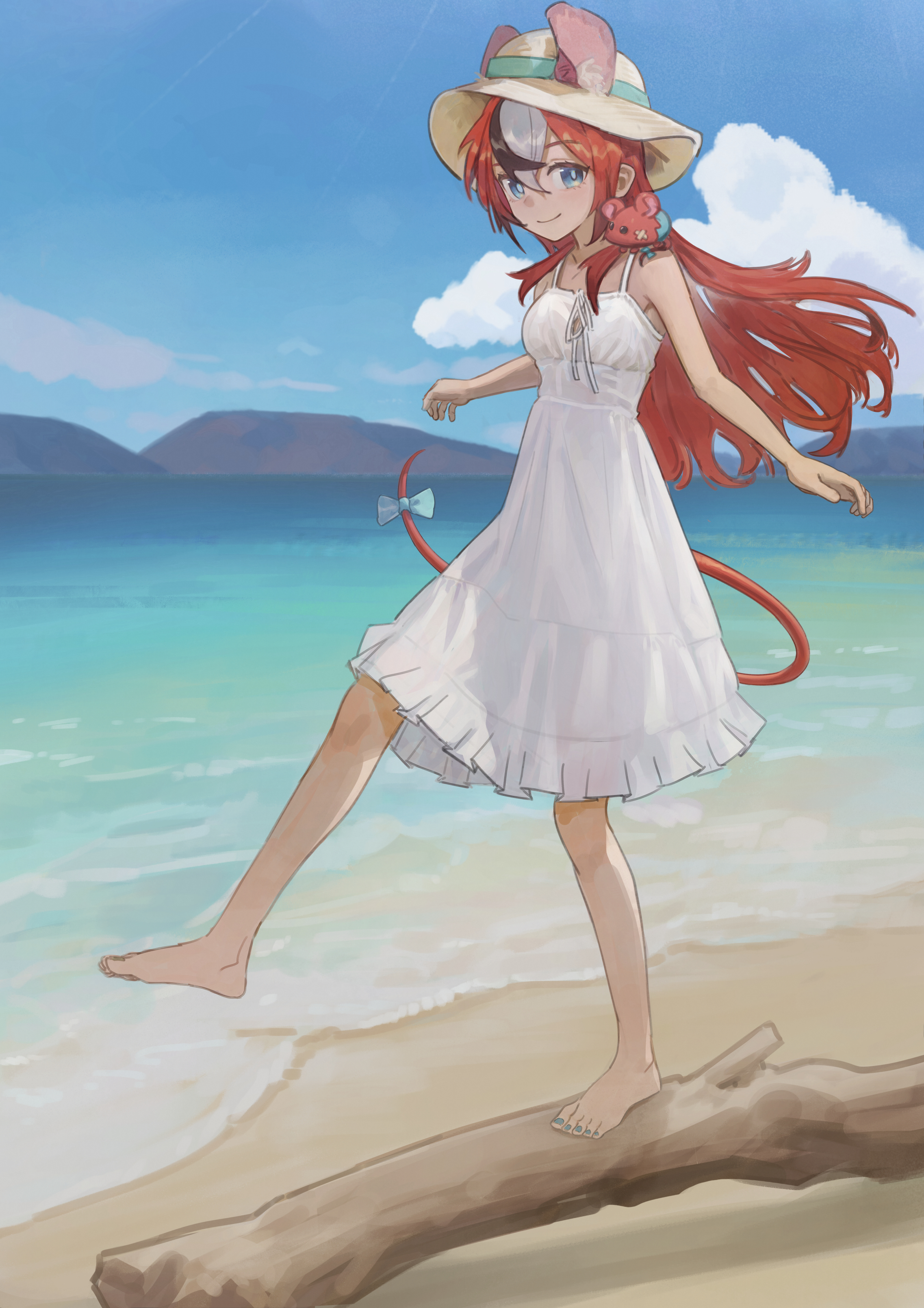 dotr art, hakos baelz, mr. squeaks (hakos baelz), hololive, hololive english, absurdres, commentary, hashtag-only commentary, highres, 1girl, animal, animal ears, animal on shoulder, bare arms, bare legs, bare shoulders, barefoot, beach, black hair, blue bow, blue eyes, blue nails, blue sky, bow, cloud, day, dress, ears through headwear, full body, hair between eyes, hat, log, long hair, looking at viewer, mountainous horizon, mouse ears, mouse girl, mouse on shoulder, mouse tail, multicolored hair, nail polish, outdoors, red hair, sky, sleeveless, sleeveless dress, smile, solo, sun hat, sundress, tail, tail bow, tail ornament, toenail polish, toenails, virtual youtuber, water, white dress, white hair