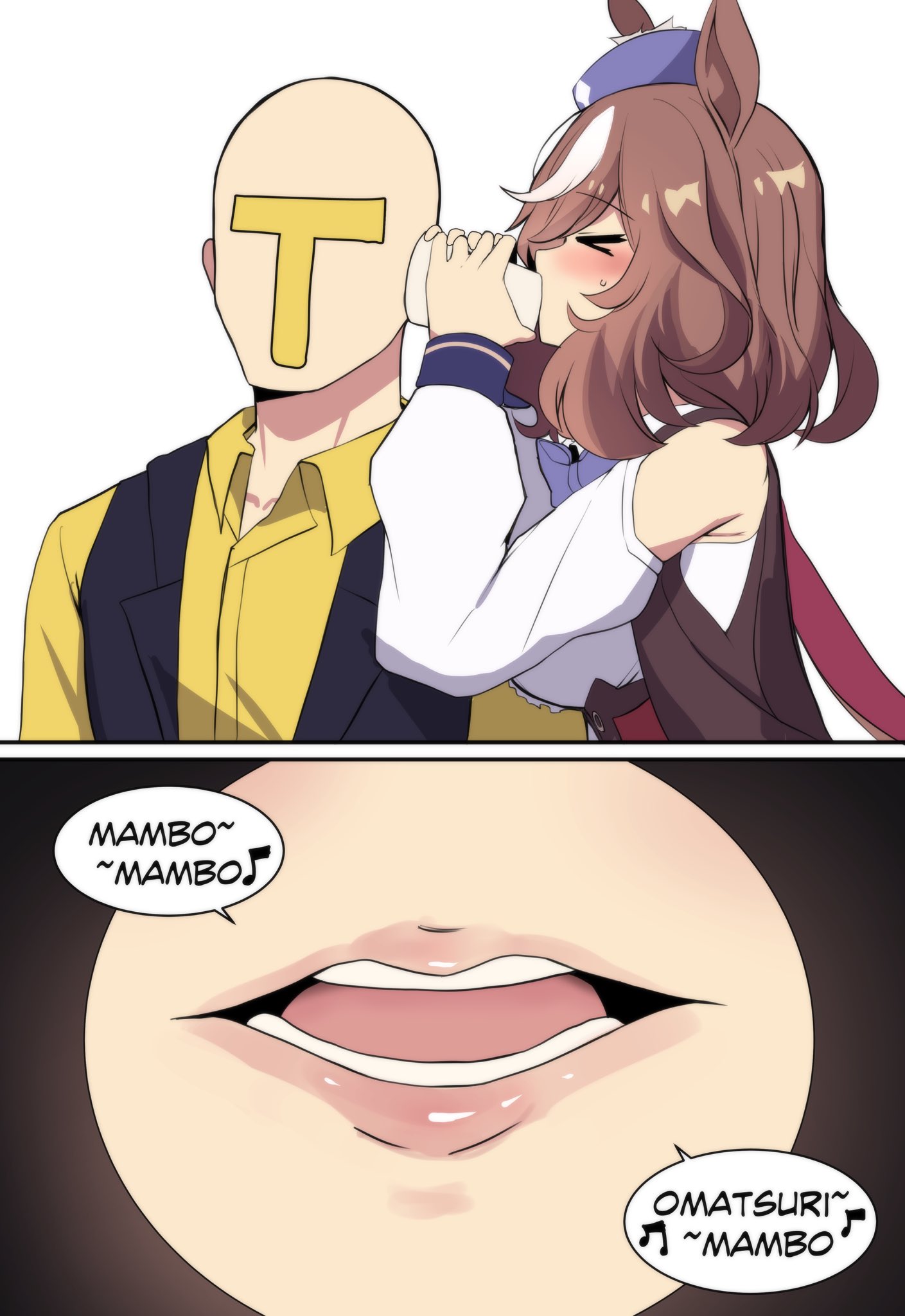 hinghoi, trainer (umamusume), umamusume, character request, 1boy, 1girl, blush, breast press, breasts, brown hair, closed eyes, detached sleeves, english text, hat, large breasts, lips, meme, open mouth, speech bubble, teeth, whispering