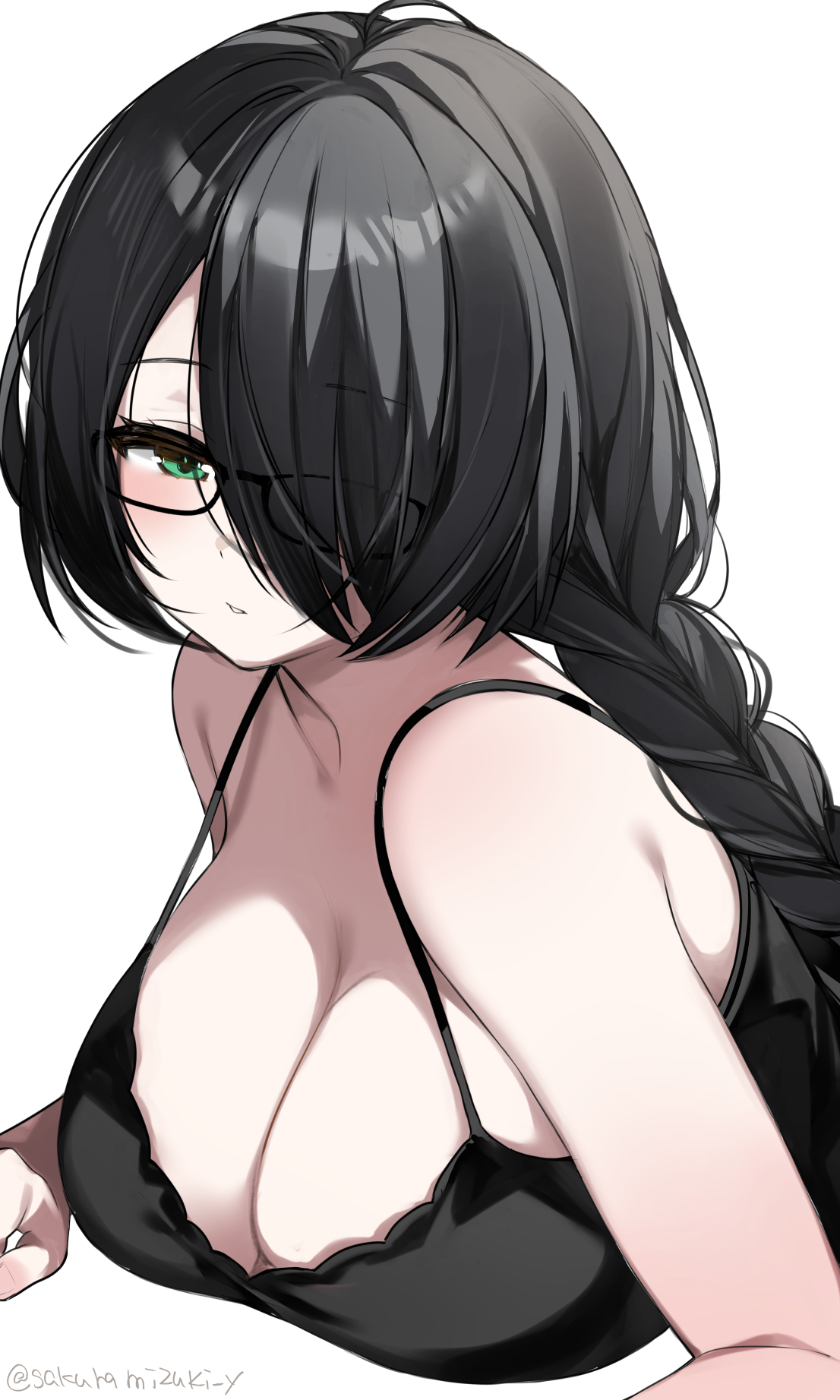 urabanasimati, kanoto kaoru, indie virtual youtuber, highres, 1girl, black-framed eyewear, black bra, black hair, bra, braid, braided ponytail, breasts, cleavage, collarbone, glasses, green eyes, grey background, hair over one eye, large breasts, long hair, looking at viewer, parted lips, simple background, solo, twitter username, underwear, upper body, white background