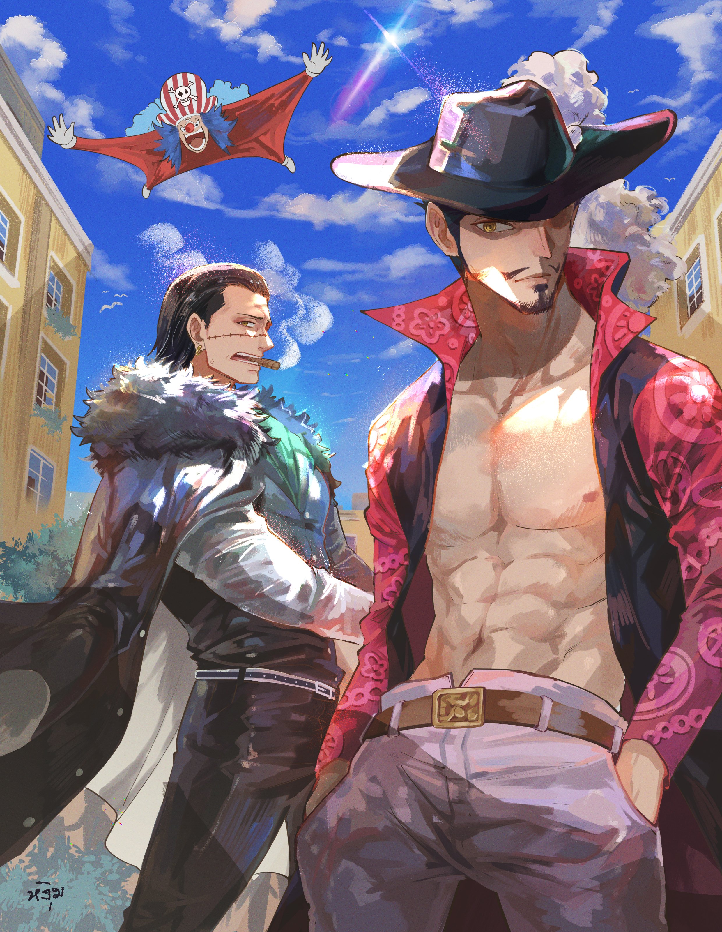 ngumngim, buggy the clown, crocodile (one piece), dracule mihawk, one piece, absurdres, highres, 3boys, abs, ascot, bare pectorals, beard, belt, black hair, black pants, blue hair, blue sky, brown belt, building, cigar, coat, coat on shoulders, facial hair, green ascot, grey pants, male focus, multiple boys, mustache, navel, nipples, open clothes, open shirt, pants, pectorals, red shirt, shirt, short hair, sky, stitched face, stitches, toned, toned male