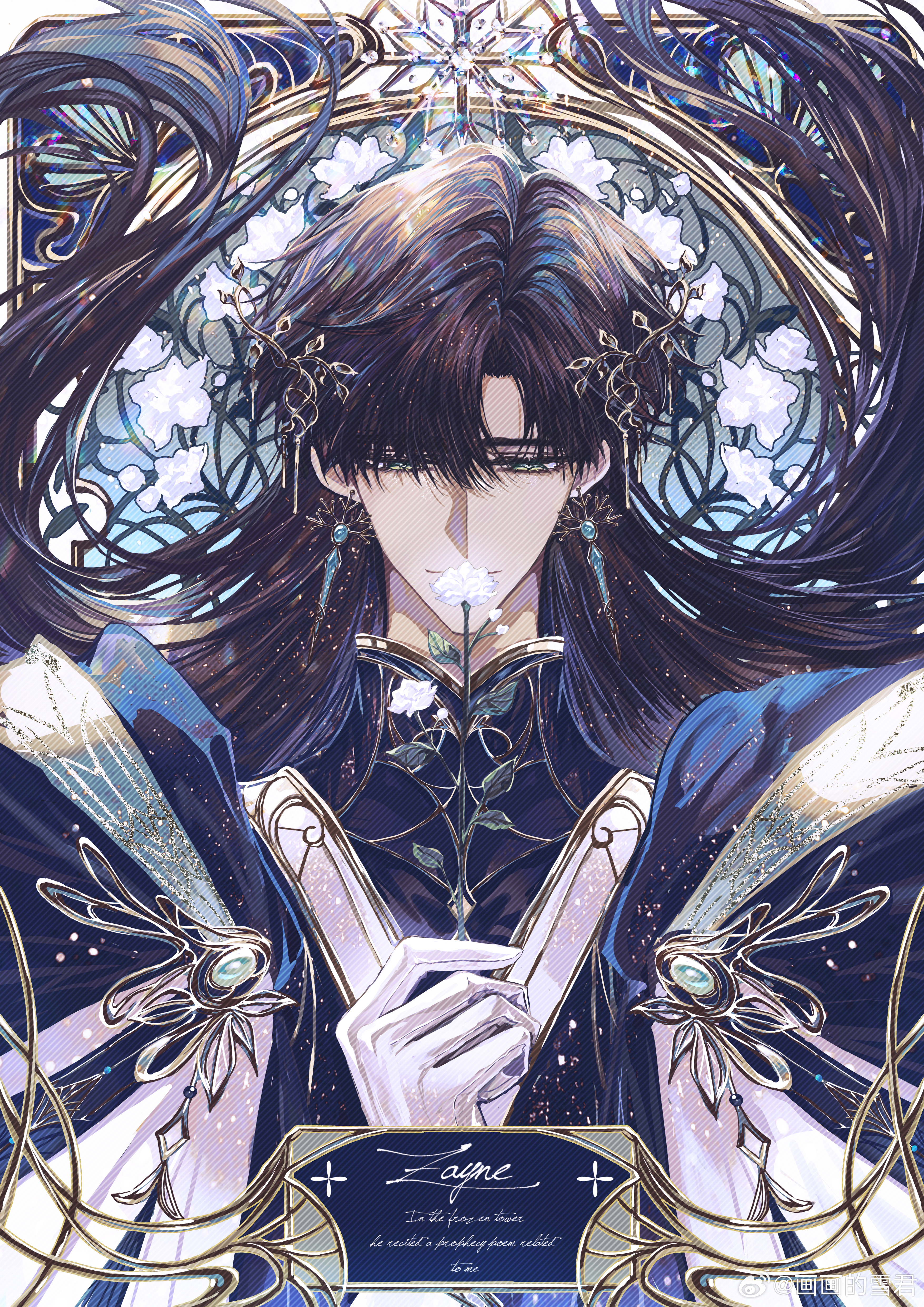 snow234, zayne (love and deepspace), love and deepspace, absurdres, chinese commentary, highres, 1boy, aqua background, aqua gemstone, black hair, black shirt, blue cloak, border, character name, cloak, closed mouth, curtained hair, earrings, facing viewer, floating hair, floral background, flower, gem, gloves, gold trim, green eyes, green gemstone, hair between eyes, hair ornament, holding, holding flower, jasmine (flower), jewelry, leaf hair ornament, light particles, long hair, looking at flowers, male focus, mandarin collar, ornate border, outside border, robe, shirt, smelling, smelling flower, smile, snowflake earrings, snowflakes, solo, straight-on, upper body, watermark, weibo watermark, white border, white flower, white gloves, white robe