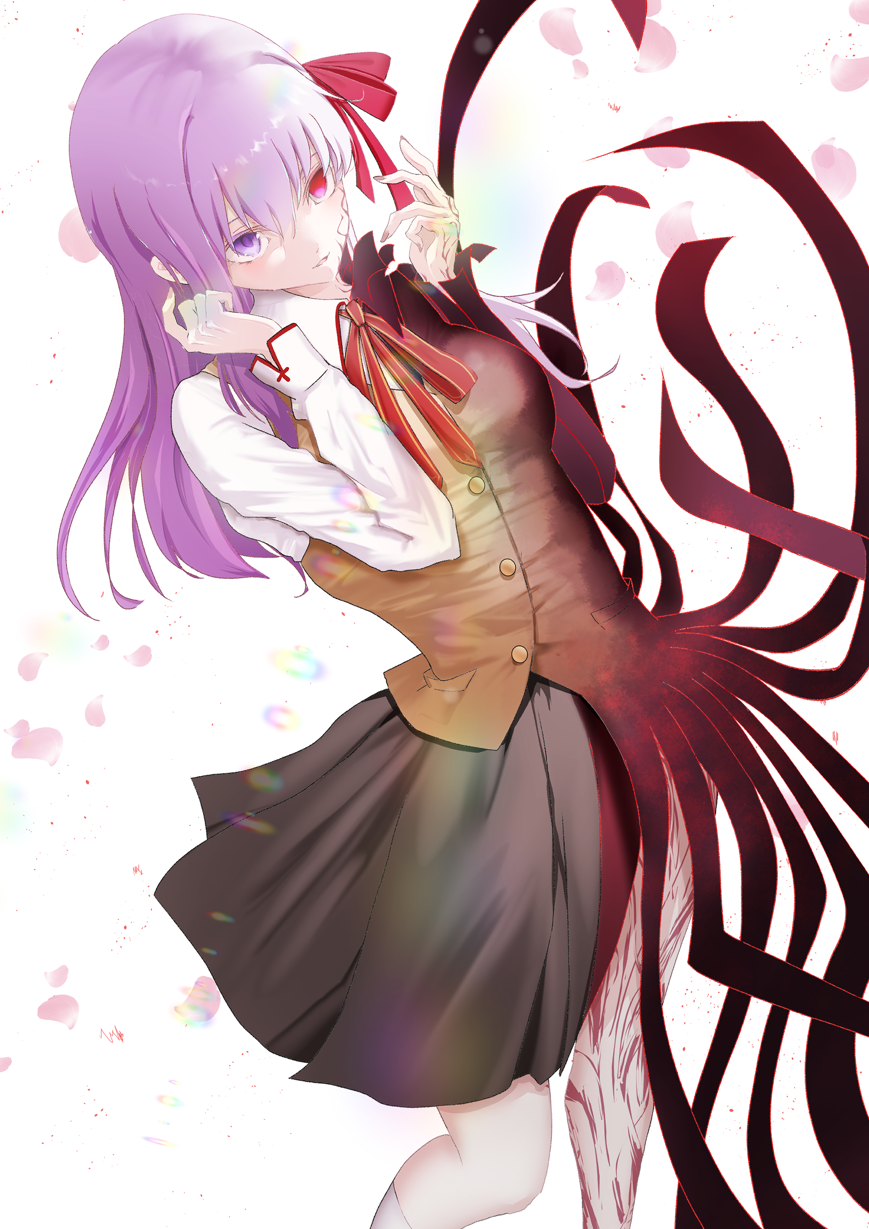beatrix vivi, dark sakura, matou sakura, fate/stay night, fate (series), heaven's feel, absurdres, highres, 1girl, black skirt, brown vest, collared shirt, cropped legs, dual persona, heterochromia, purple eyes, purple hair, red eyes, school uniform, shirt, skirt, solo, vest, white background, white shirt