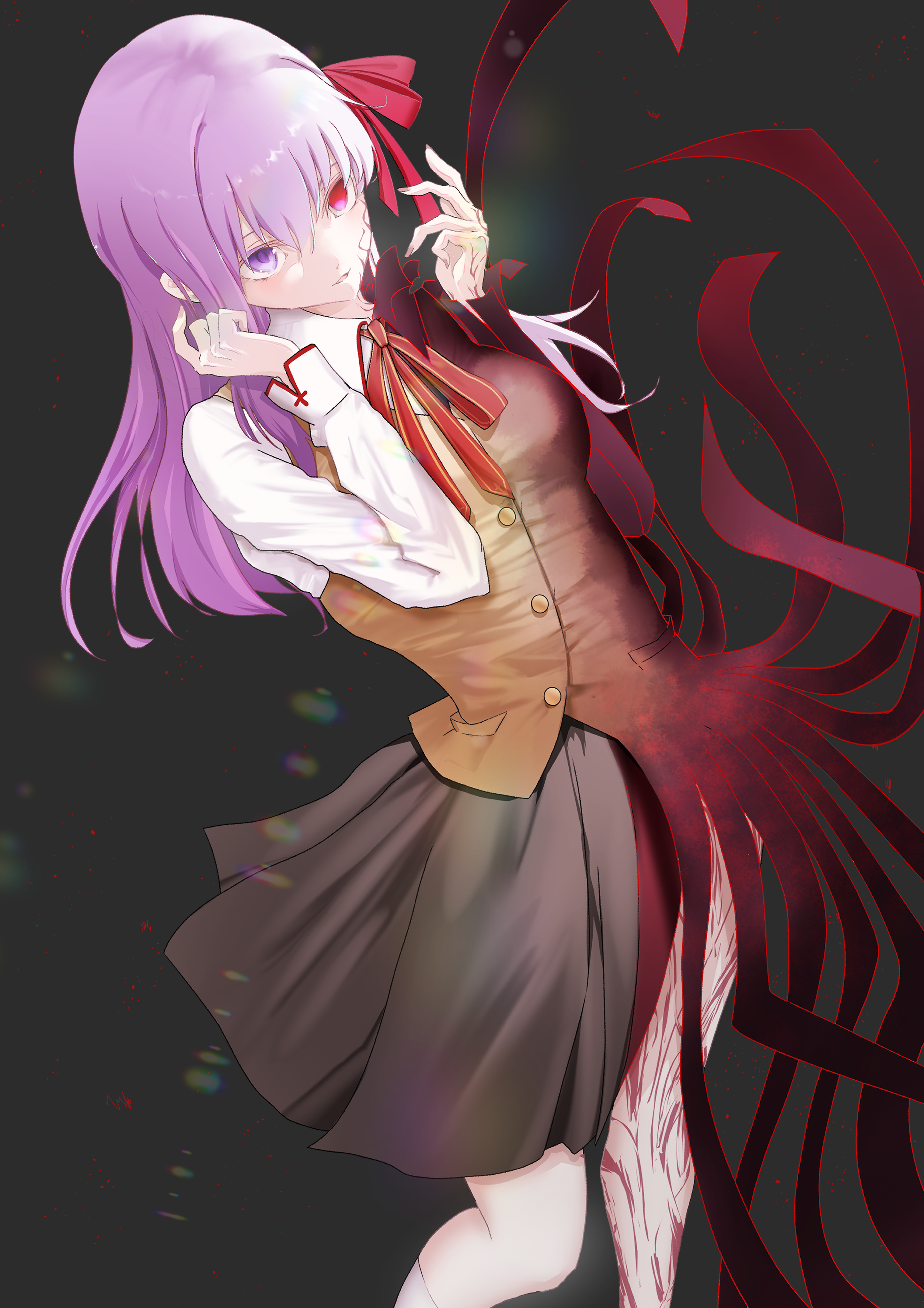 beatrix vivi, dark sakura, matou sakura, fate/stay night, fate (series), heaven's feel, absurdres, highres, 1girl, black background, black skirt, brown vest, collared shirt, cropped legs, dual persona, heterochromia, purple eyes, purple hair, red eyes, school uniform, shirt, skirt, solo, vest, white shirt