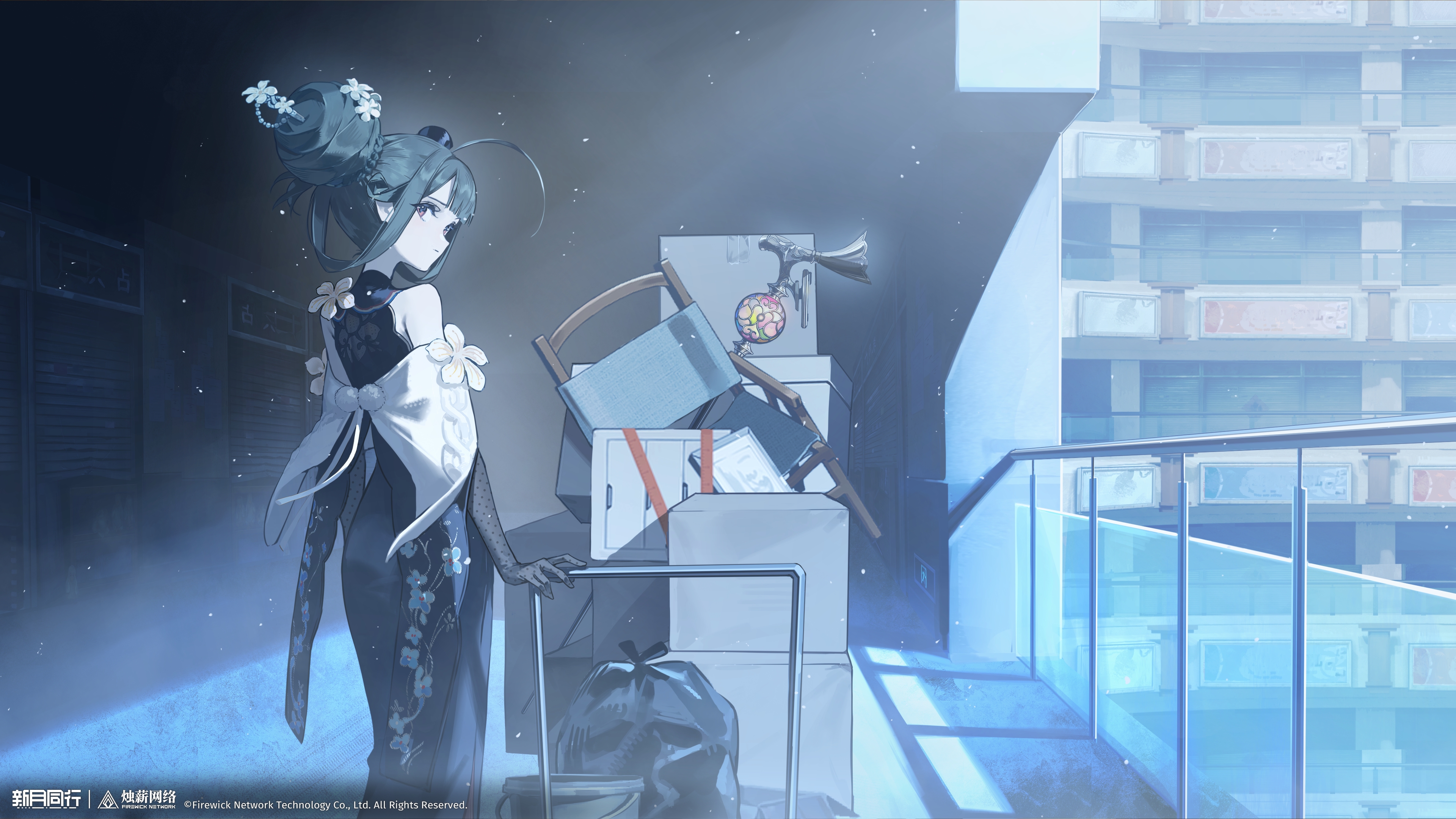 xinyue tongxing, absurdres, highres, official art, official wallpaper, 1girl, bag, bare shoulders, black gloves, box, cardboard box, chair, copyright name, copyright notice, cowboy shot, dress, elbow gloves, flower, from side, gloves, hair bun, hair flower, hair ornament, hallway, hat, hobble dress, huge hair bun, liqing (xinyue tongxing), logo, long dress, looking at viewer, looking back, mini hat, mini top hat, moonlight, plastic bag, platform truck, profile, red eyes, single side bun, sleeveless, sleeveless dress, solo, tilted headwear, top hat, white flower