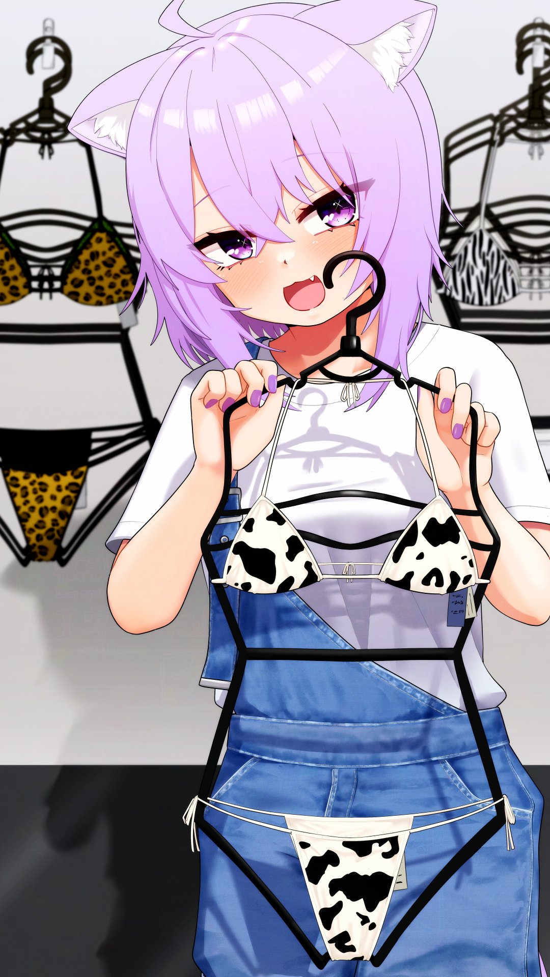 happyundergate, nekomata okayu, hololive, commentary, highres, 1girl, :3, :d, ahoge, animal ear fluff, animal ears, animal print, bare arms, bikini, blush, cat ears, cat girl, clothes hanger, cow print, cow print bikini, fang, hair between eyes, holding, holding clothes hanger, leopard print, leopard print bikini, looking at viewer, nail polish, open mouth, overalls, print bikini, purple eyes, purple hair, purple nails, shirt, short sleeves, side-tie bikini bottom, smile, solo, string bowtie, swimsuit, swimsuit hanger, virtual youtuber, white shirt