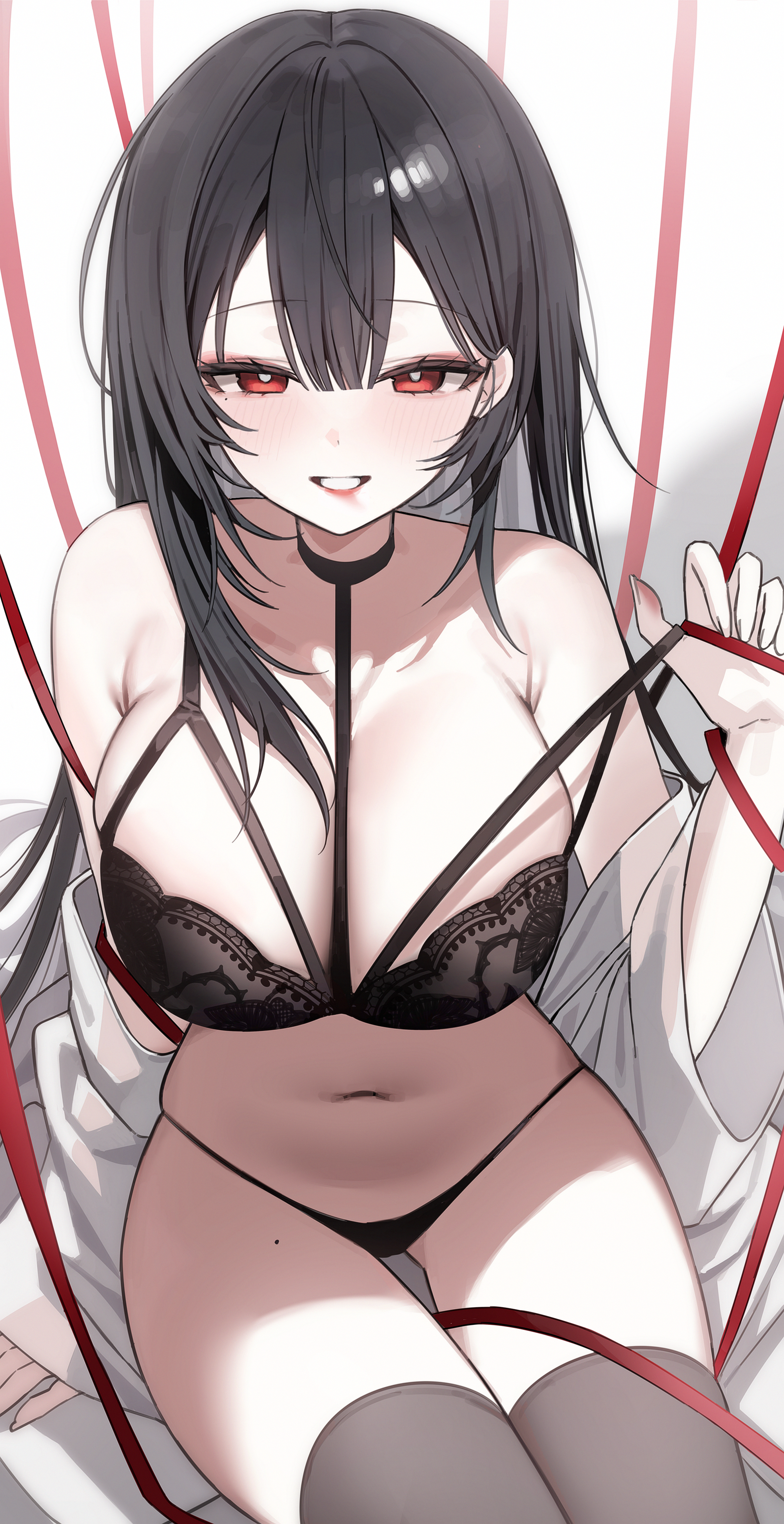 chimyo, rie (mirae yang), original, absurdres, commission, highres, second-party source, 1girl, armpit crease, bare shoulders, black bra, black hair, black panties, bra, bra pull, breasts, bright pupils, clothes pull, colored inner hair, gluteal fold, grey thighhighs, grin, large breasts, lingerie, long hair, looking at viewer, mole, mole on thigh, mole under eye, multi-strapped bra, multicolored hair, navel, off shoulder, panties, pulling own clothes, red eyes, red ribbon, ribbon, shirt, sitting, skindentation, smile, solo, stomach, strap pull, string panties, thighhighs, thighs, underwear, very long hair, white shirt