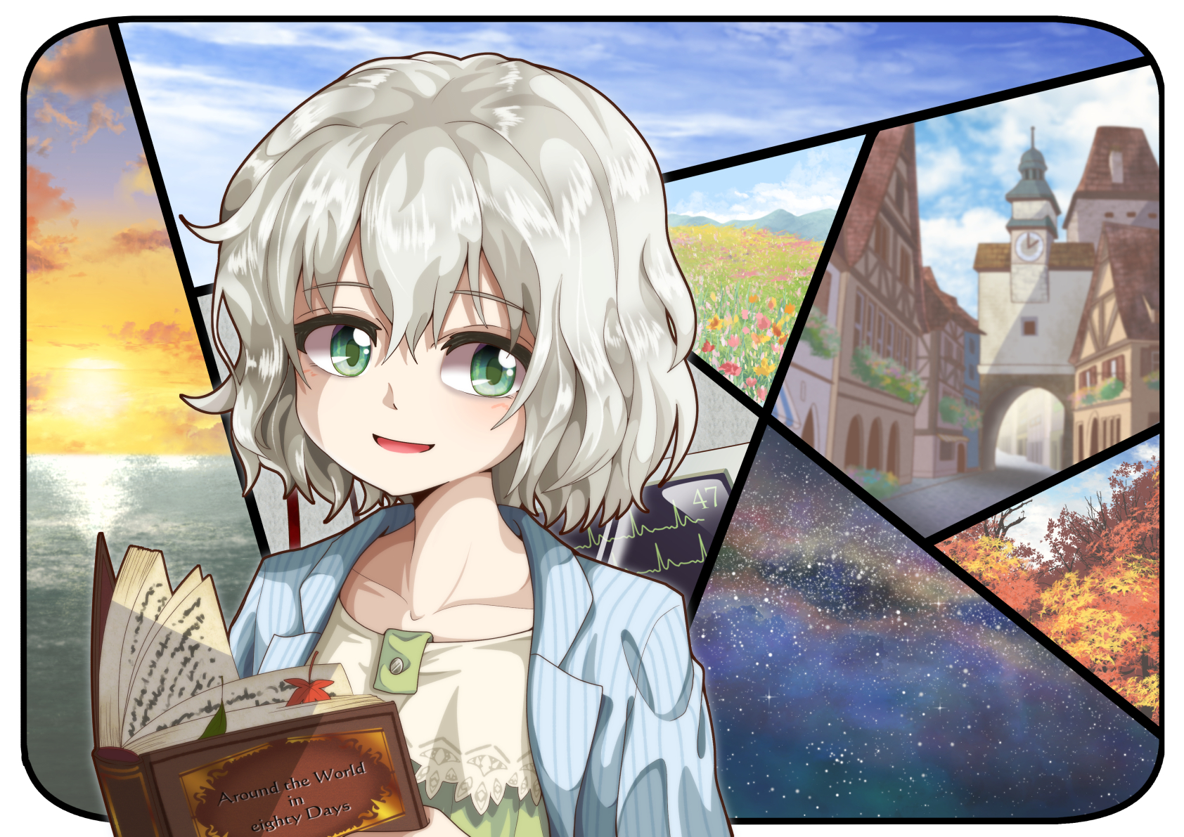 damepia (pianohuey38), cristallo, reverse:1999, highres, 1girl, :d, blue sky, book, european architecture, grasslands, green eyes, green nightgown, looking at viewer, nightgown, ocean, open book, open mouth, shirt on shoulders, short hair, sky, smile, solo, star (sky), starry sky, sun, twilight, upper body, white hair