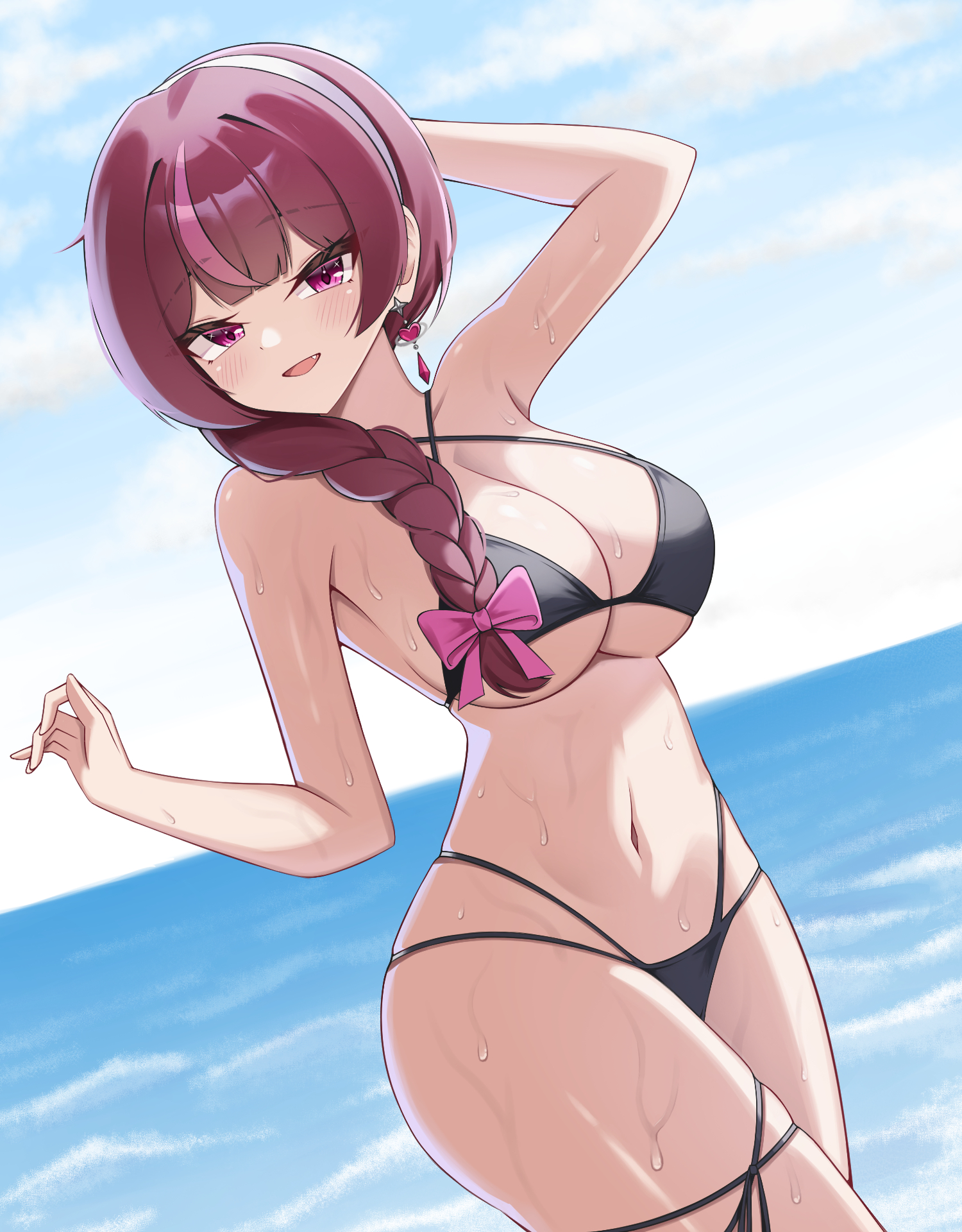 puleudingding, jururu, waktaverse, highres, 1girl, bikini, black bikini, blush, breasts, cleavage, jewelry, large breasts, long hair, looking at viewer, midriff, ponytail, purple eyes, purple hair, smile, solo, swimsuit, virtual youtuber