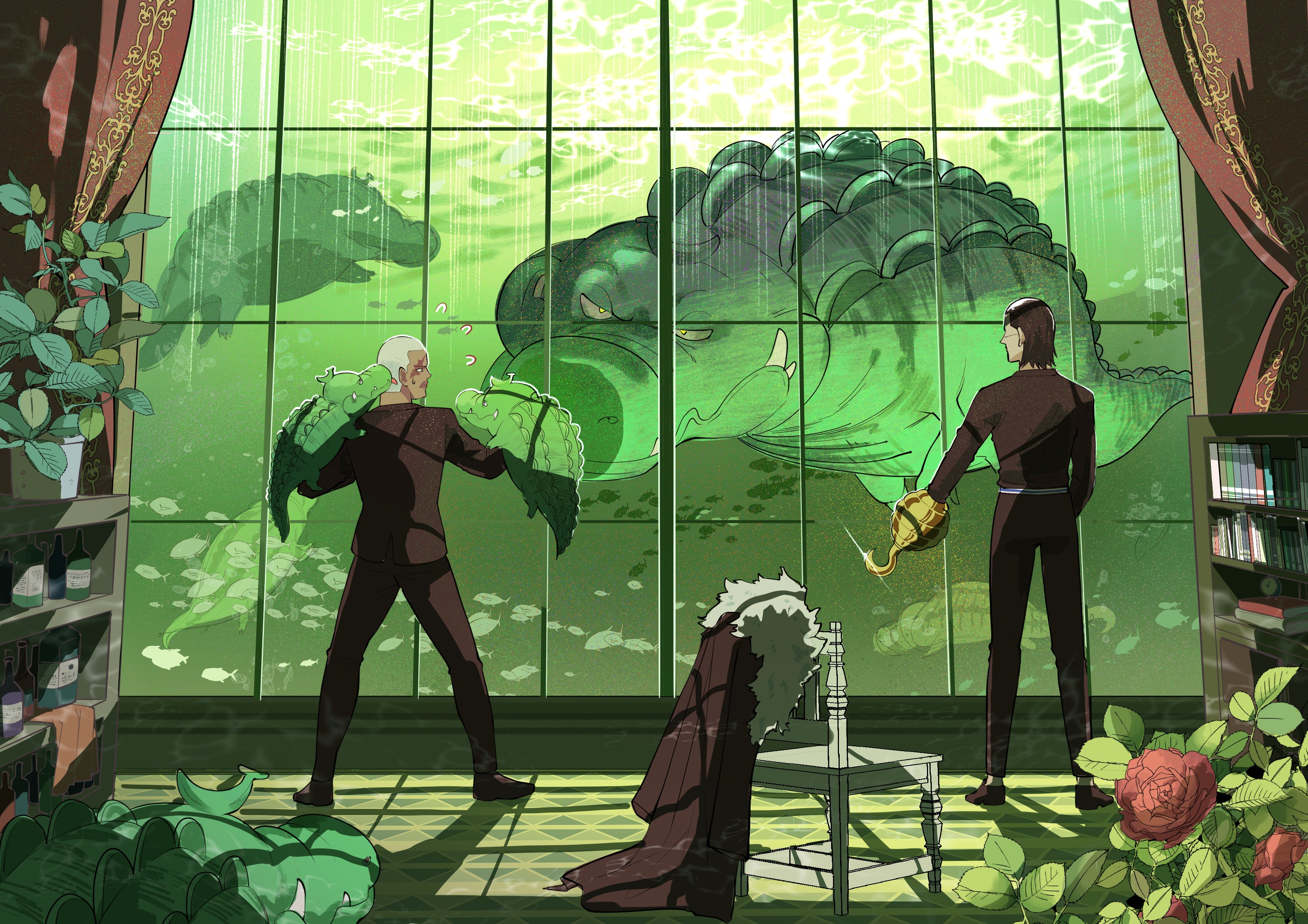 ngumngim, crocodile (one piece), daz bones, one piece, absurdres, highres, 2boys, alligator, animal, animal on shoulder, black hair, black pants, bookshelf, crew cut, crocodilian, curtains, flower, flying sweatdrops, from behind, full body, grey hair, indoors, looking at another, looking outside, male focus, multiple boys, oversized animal, pants, plant, potted plant, red flower, red rose, rose, scar, scar on face, school of fish, standing, thai commentary, wide shot, window, window shadow