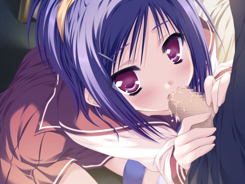 moekibara fumitake, kawai ameri, lump of sugar, tayutama, game cg, non-web source, 00s, 1girl, ameri kawai, blue hair, blush, censored, demon, fellatio, mosaic censoring, oral, penis, purple eyes, ribbon, school uniform, short hair, solo focus