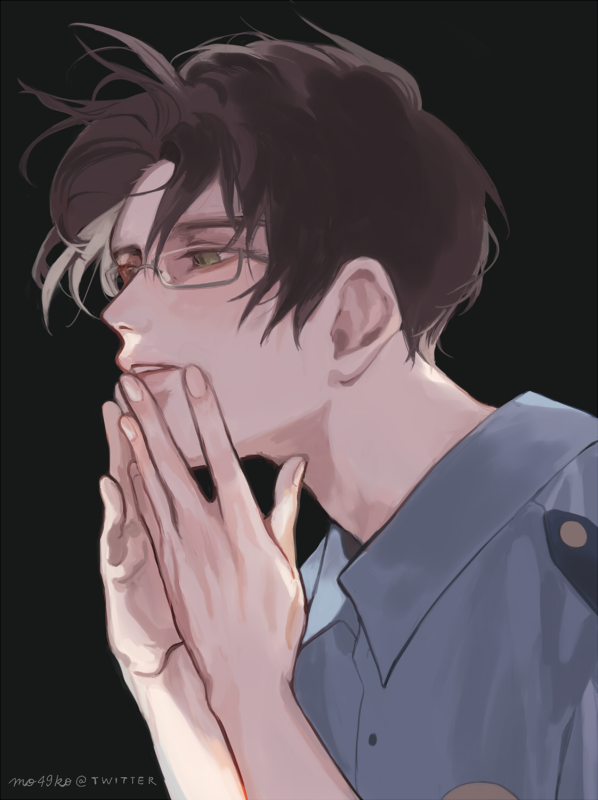 mo49ko, akutsu mabu, sarazanmai, commentary request, 1boy, black background, blue shirt, brown hair, collared shirt, fingernails, green eyes, male focus, parted lips, police, police uniform, shirt, short hair, simple background, solo, upper body