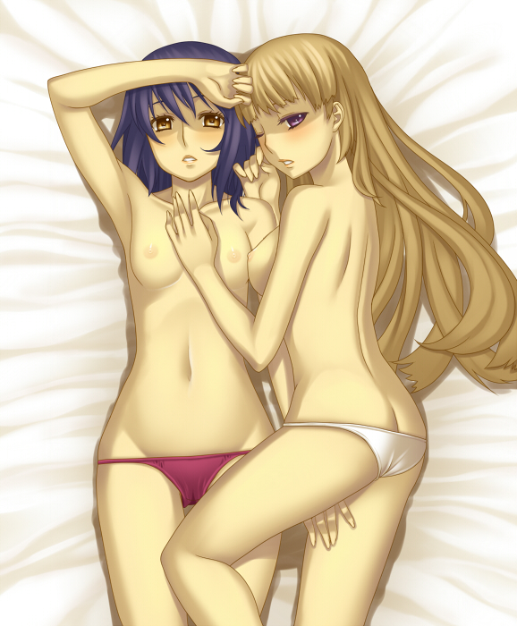 terumii, chroche latel pastalie, luca truelywaath, ar tonelico, ar tonelico ii, gust, hand on thigh, 00s, 2girls, arm up, armpits, ass, back, bed sheet, between thighs, bikini, bikini bottom only, blonde hair, blue hair, blush, breasts, butt crack, cowboy shot, female focus, fingernails, flat ass, flat chest, from above, groin, hair between eyes, hand on another's chest, hand on another's thigh, indoors, long fingernails, long hair, looking at viewer, looking back, lowleg, lowleg bikini, lying, medium breasts, multiple girls, navel, nipples, on back, on side, one eye closed, orange eyes, panties, parted lips, profile, purple eyes, short hair, sideboob, swimsuit, topless female, underwear, wide hips, wink, yellow eyes, yuri