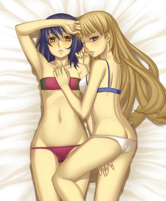 terumii, chroche latel pastalie, luca truelywaath, ar tonelico, ar tonelico ii, gust, hand on thigh, 00s, 2girls, arm up, armpits, ass, back, bandeau, bandeau bikini, bed sheet, between thighs, bikini, blonde hair, blue hair, blush, butt crack, cowboy shot, fingernails, flat ass, flat chest, from above, groin, hair between eyes, hand on another's chest, hand on another's thigh, long fingernails, long hair, looking at viewer, looking back, lowleg, lowleg bikini, lying, midriff, multiple girls, navel, on back, on side, one eye closed, orange eyes, parted lips, profile, purple eyes, short hair, swimsuit, wide hips, wink, yuri