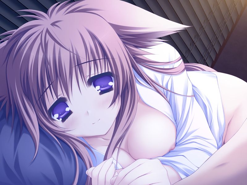 moekibara fumitake, mito mashiro, lump of sugar, tayutama, game cg, non-web source, 00s, 1girl, afterglow, aftersex, animal ears, blue eyes, blush, breasts, brown hair, cleavage, female focus, large breasts, long hair, looking at viewer, naked shirt, nipples, no panties, panties, shirt, smile, solo, underwear
