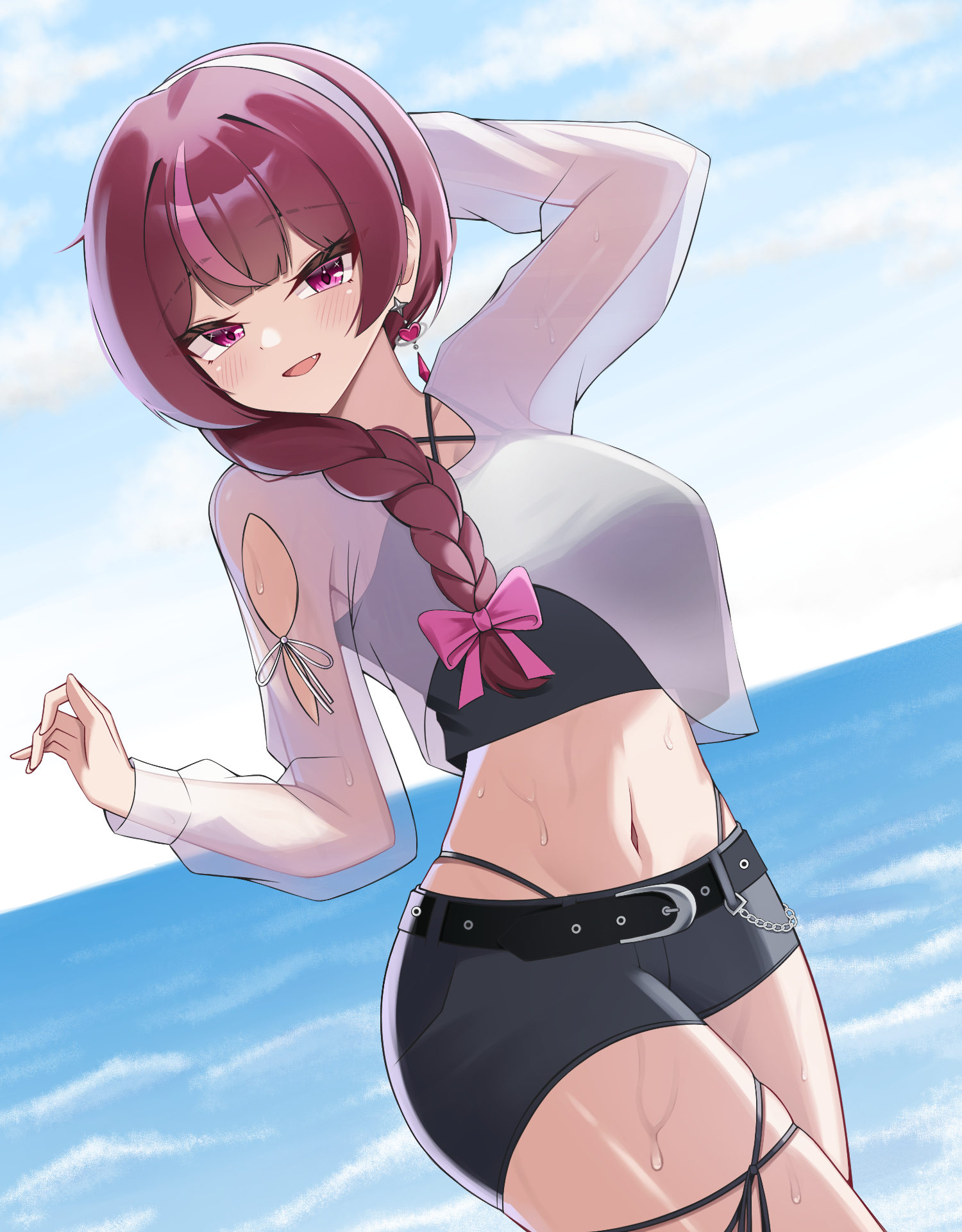 puleudingding, jururu, waktaverse, highres, 1girl, black shorts, blush, breasts, jewelry, long hair, looking at viewer, midriff, ponytail, purple eyes, purple hair, see-through clothes, shorts, smile, solo, virtual youtuber