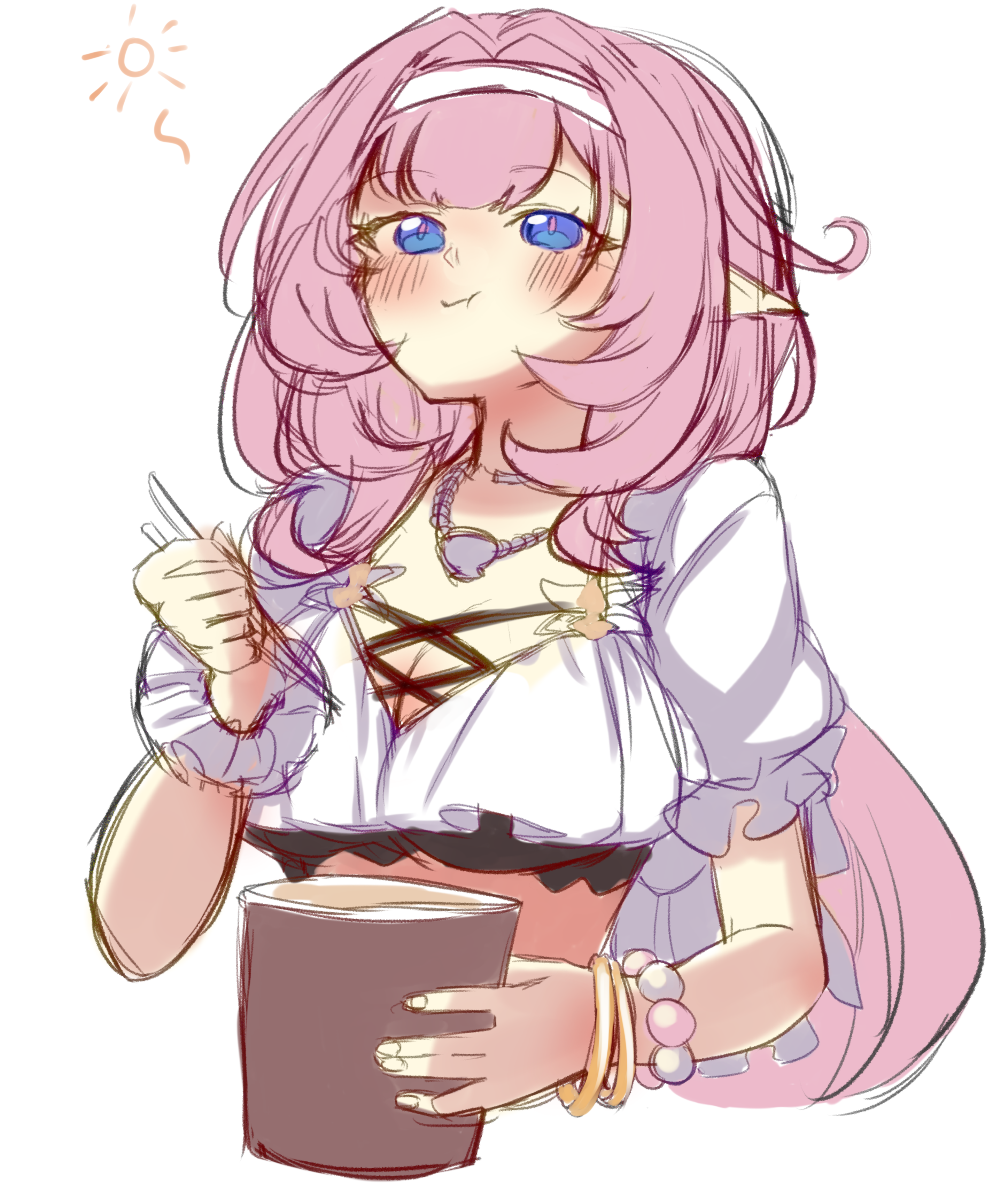 satoyukitowa, elysia (honkai impact), elysia (miss pink elf) (honkai impact), elysia (summer miss elf) (honkai impact), honkai (series), honkai impact 3rd, absurdres, commentary request, highres, 1girl, bikini, blue eyes, bracelet, breasts, chopsticks, cleavage, cropped torso, cup ramen, eating, hairband, holding, holding chopsticks, jewelry, large breasts, long hair, necklace, official alternate costume, pearl bracelet, pink hair, shell, shell necklace, simple background, solo, swimsuit, very long hair, white background, white bikini, white hairband