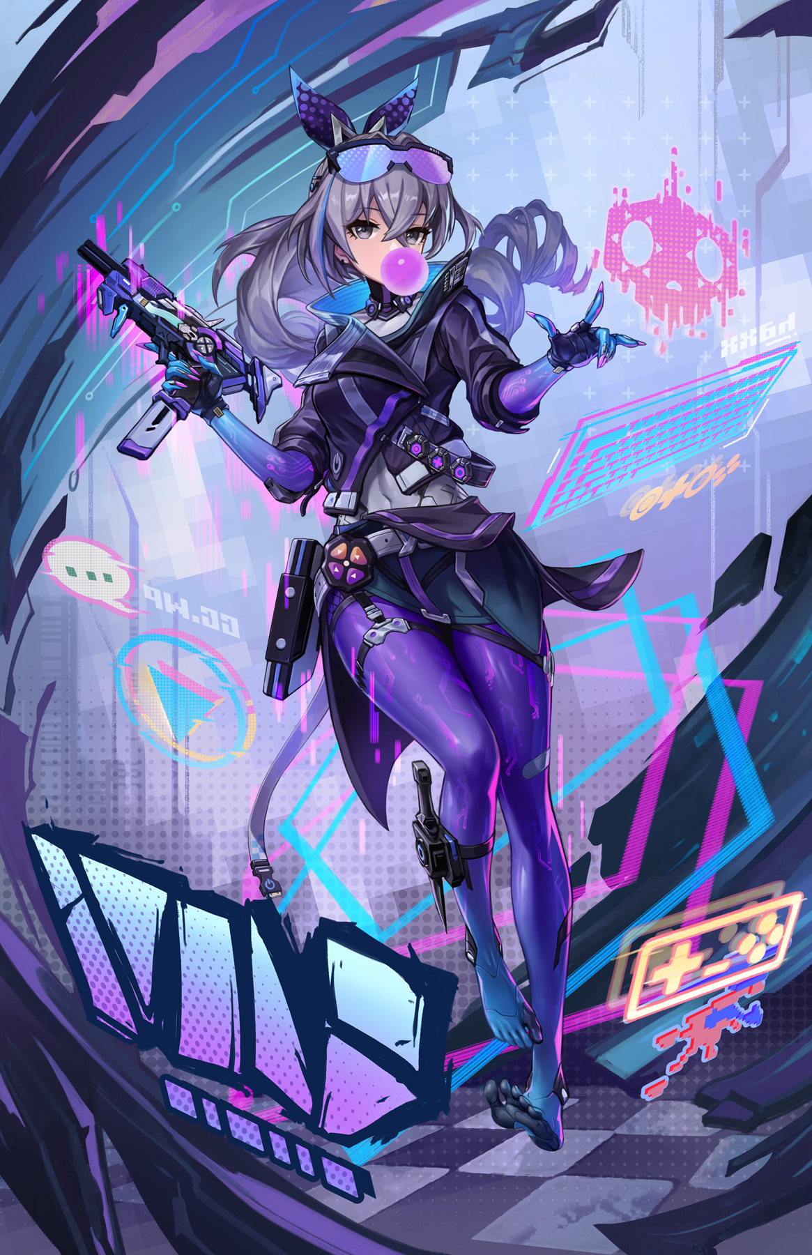 imdrunkontea, silver wolf (honkai: star rail), honkai: star rail, honkai (series), highres, 1girl, bodysuit, drill hair, gloves, grey eyes, grey hair, hair between eyes, holding, holding weapon, long hair, looking at viewer, solo, weapon