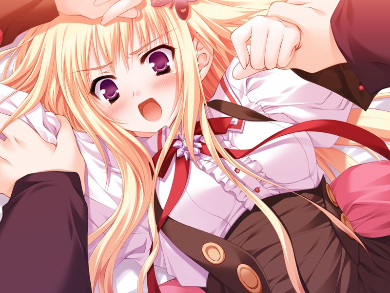 moekibara fumitake, kisaragi mifuyu, lump of sugar, tayutama, game cg, non-web source, 00s, 1girl, angry, blonde hair, blue eyes, blush, bug, butterfly, hair ornament, hairclip, holding another's wrist, insect, long hair, lying, male hand, on back, open mouth, purple eyes, restrained, ribbon, school uniform, solo focus, tears