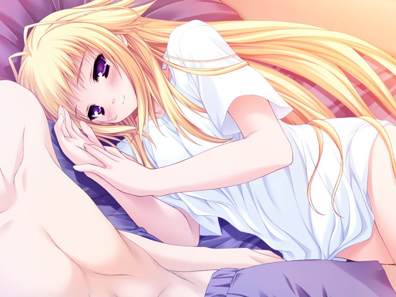 moekibara fumitake, kisaragi mifuyu, lump of sugar, tayutama, game cg, non-web source, 00s, 1girl, afterglow, aftersex, bed, blonde hair, blue eyes, blush, bottomless, happy sex, long hair, looking at viewer, lying, naked shirt, on side, shirt, smile, solo focus