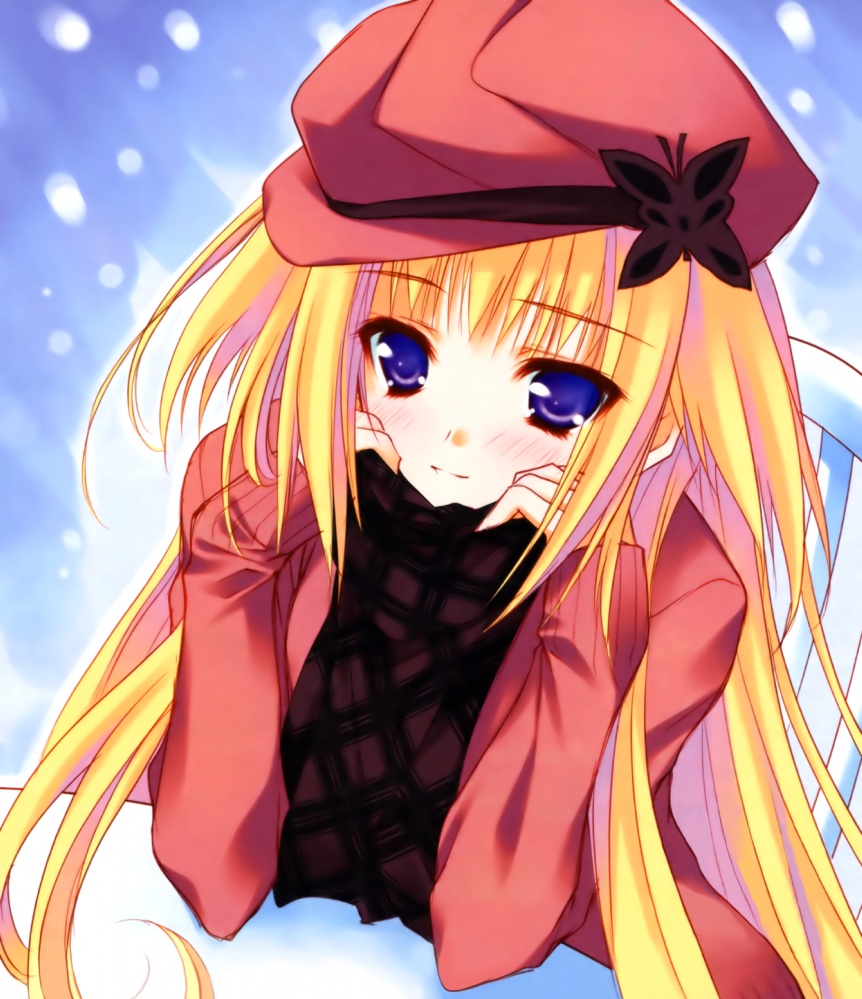 moekibara fumitake, kisaragi mifuyu, lump of sugar, tayutama, non-web source, 00s, blonde hair, blue eyes, blush, bug, butterfly, long hair, smile