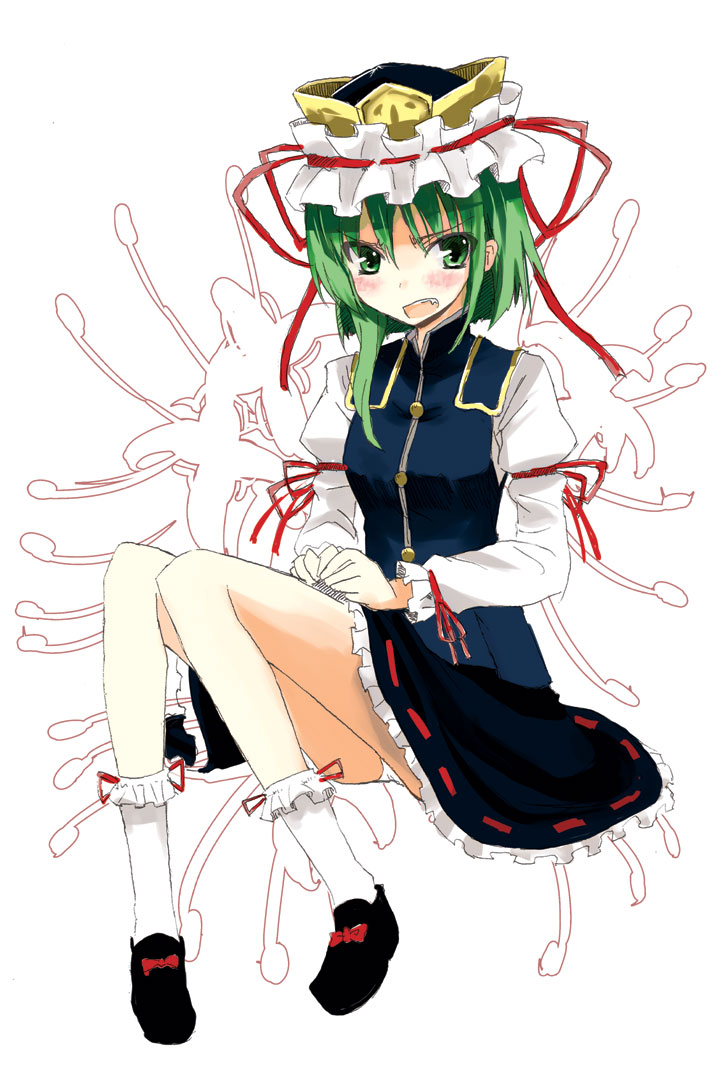 gotyou, shiki eiki, touhou, 1girl, angry, blush, fang, female focus, flower, full body, green eyes, green hair, hat, matching hair/eyes, panties, pantyshot, plant, red flower, skirt, solo, spider lily, underwear, white background