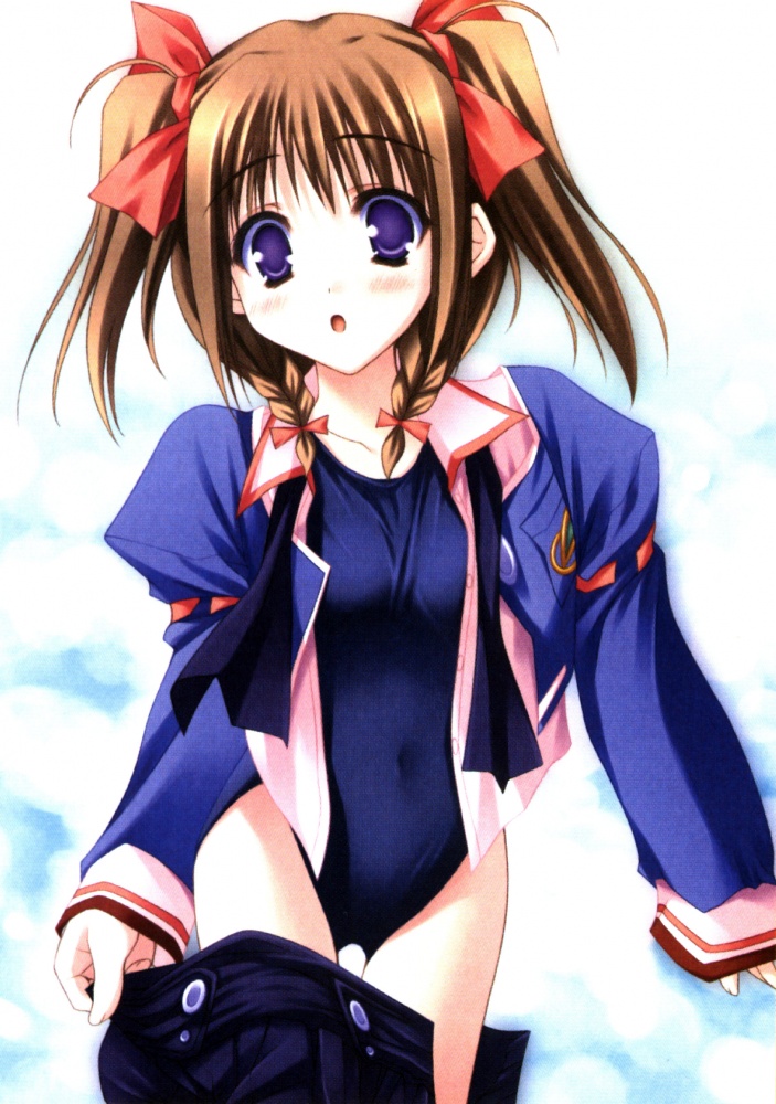 moekibara fumitake, tomoe makina, nursery rhyme, non-web source, 1girl, :o, blush, braid, brown hair, female focus, hair ribbon, one-piece swimsuit, purple eyes, ribbon, school uniform, solo, swimsuit, swimsuit under clothes, thigh gap, twin braids, undressing